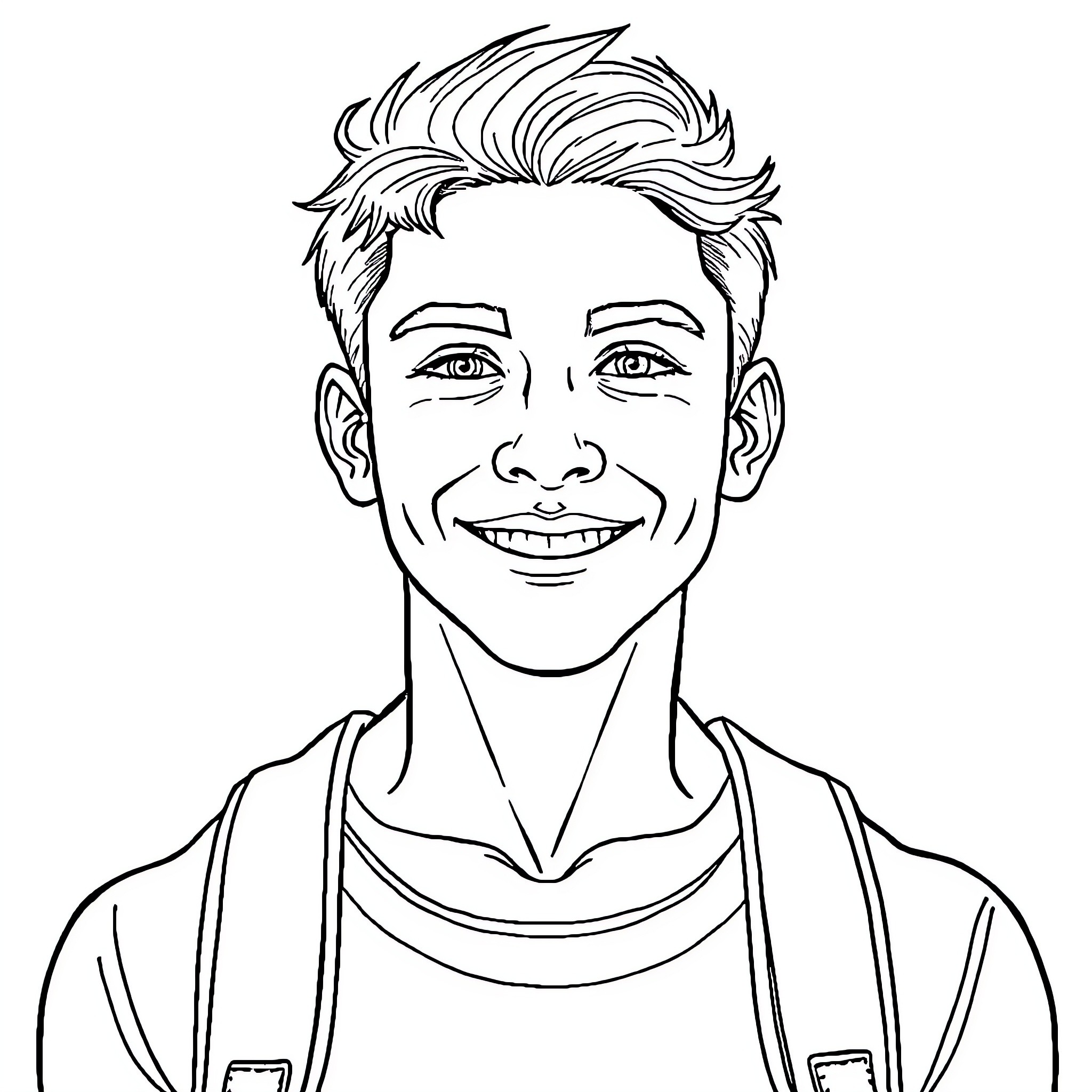 Teenager with stylish haircut smiling cheerfully Coloring Page (free black-and-white line drawing printable PDF for all, from beginners to advanced learners, including children, teens, adults, and seniors)