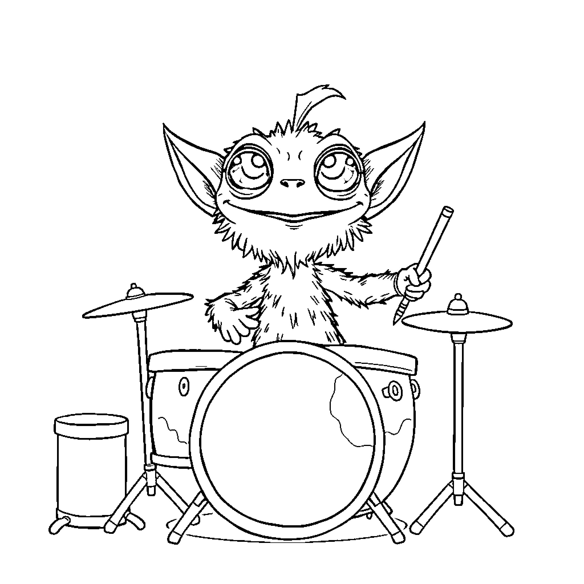Alien Creature Playing Drums with Excitement Coloring Page (free black-and-white line drawing printable PDF for all, from beginners to advanced learners, including children, teens, adults, and seniors)