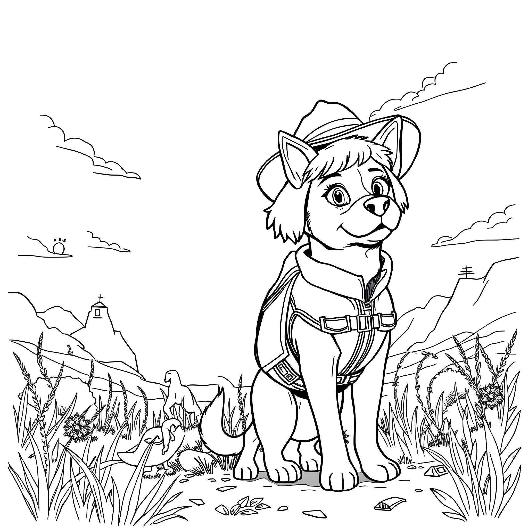 Girl playing in the wilderness with wildlife Coloring Page (free black-and-white line drawing printable PDF for all, from beginners to advanced learners, including children, teens, adults, and seniors)