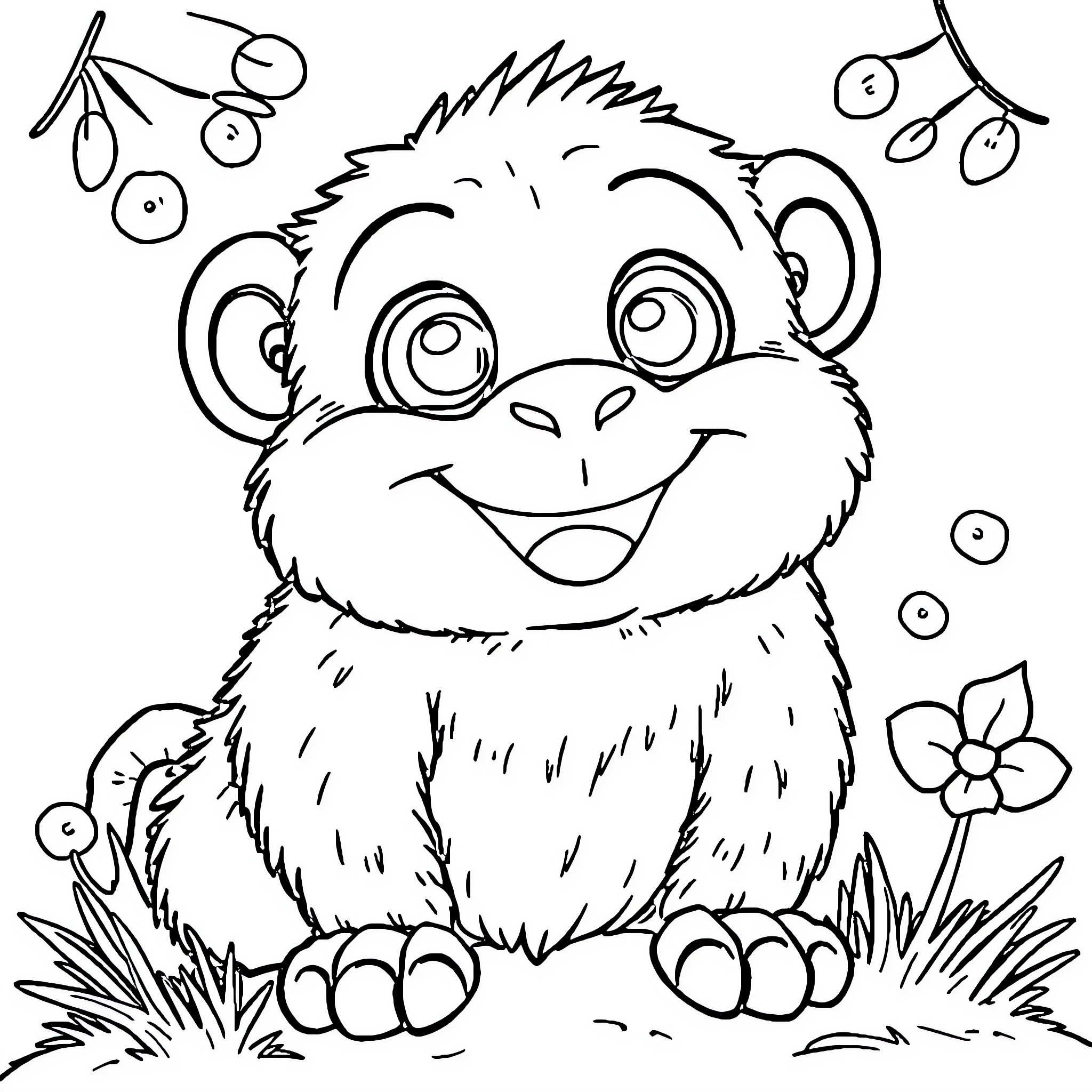 Monster animal playing happily in the grass Coloring Page (free black-and-white line drawing printable PDF for all, from beginners to advanced learners, including children, teens, adults, and seniors)