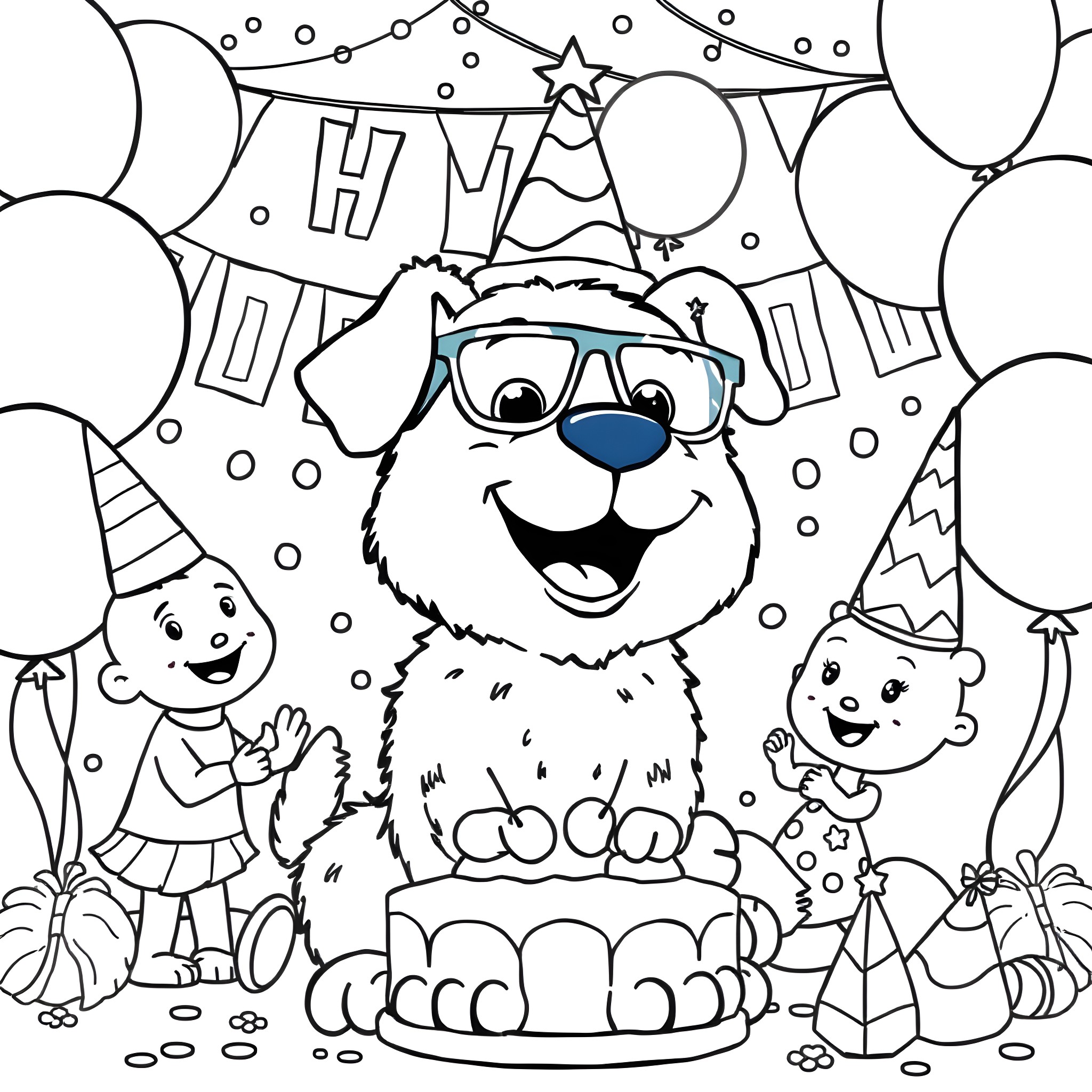Bluey's Happy Birthday Party with Friends Coloring Page (free black-and-white line drawing printable PDF for all, from beginners to advanced learners, including children, teens, adults, and seniors)