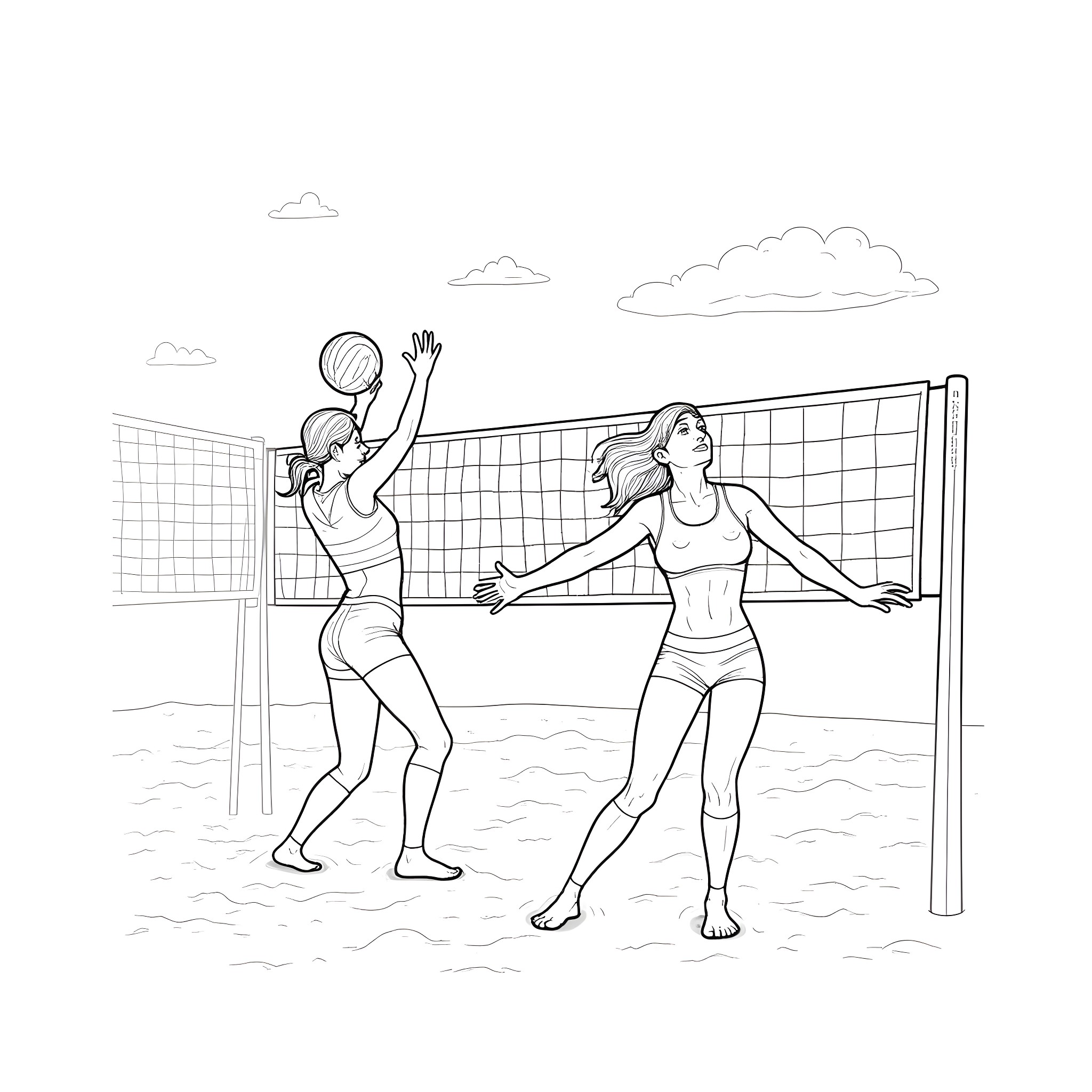 Women playing beach volleyball on the sand Coloring Page (free black-and-white line drawing printable PDF for all, from beginners to advanced learners, including children, teens, adults, and seniors)