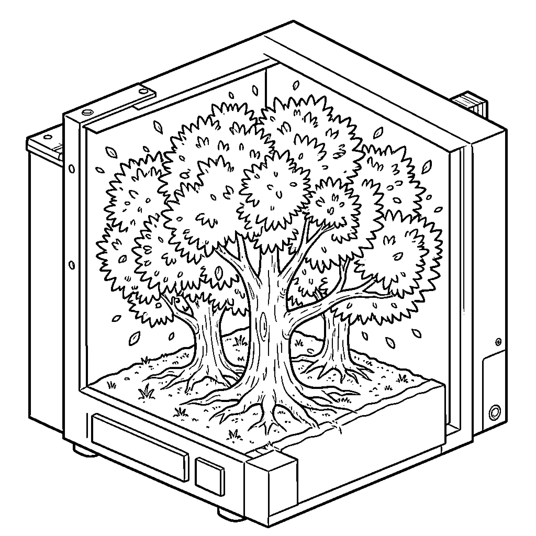 Tree in a Transparent Box Coloring Page (free black-and-white line drawing printable PDF for all, from beginners to advanced learners, including children, teens, adults, and seniors)