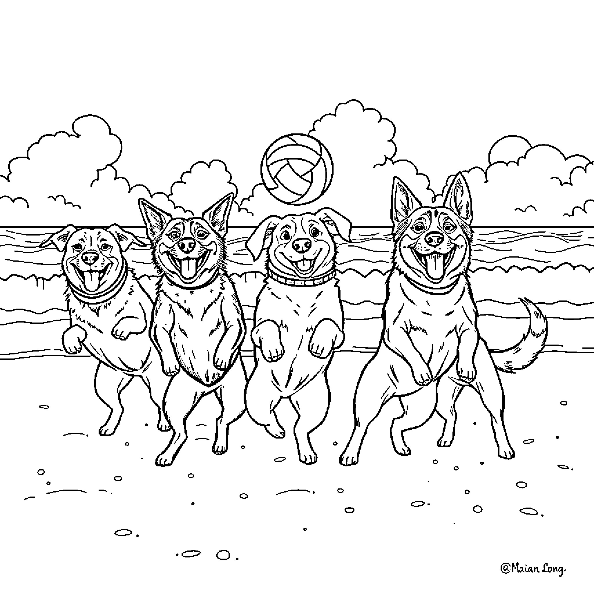 Dog pack playing joyfully on the beach Coloring Page (free black-and-white line drawing printable PDF for all, from beginners to advanced learners, including children, teens, adults, and seniors)
