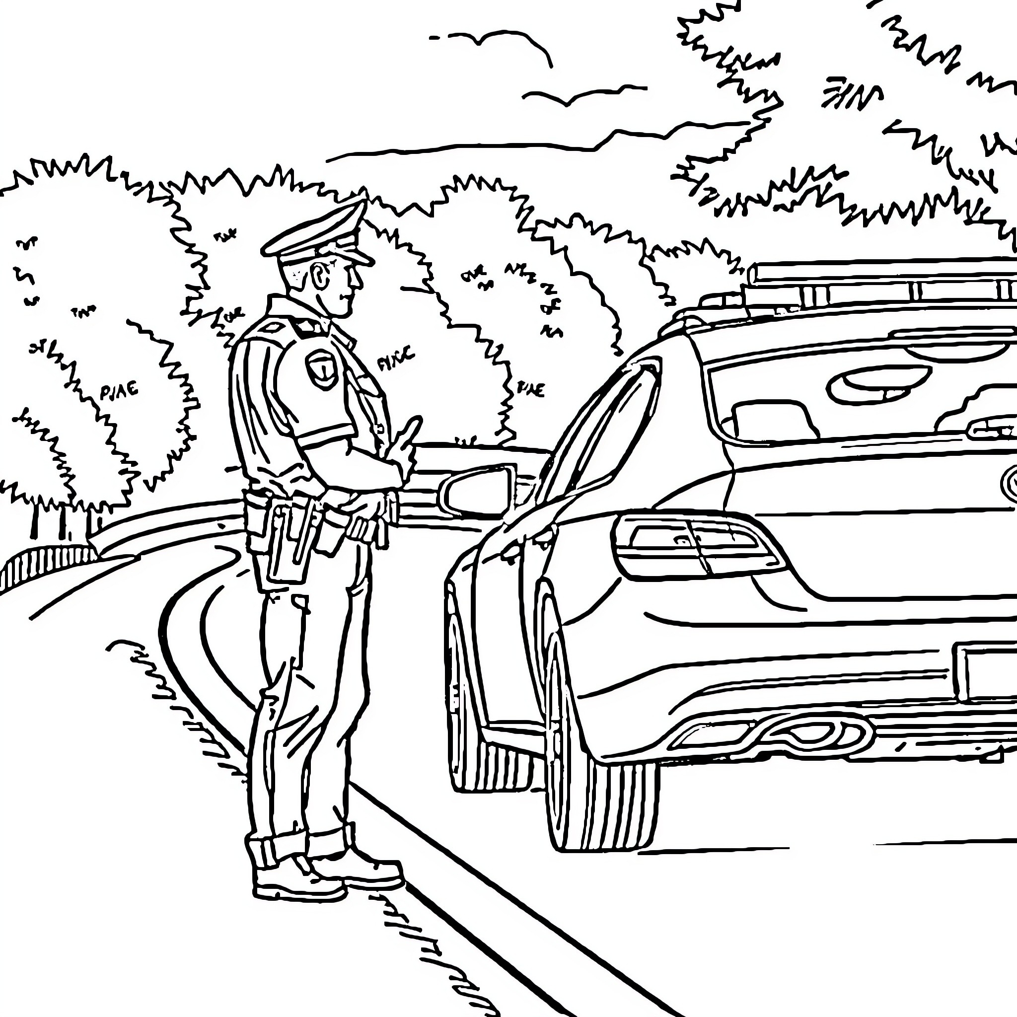 Police officer conducting traffic stop on the road Coloring Page (free black-and-white line drawing printable PDF for all, from beginners to advanced learners, including children, teens, adults, and seniors)