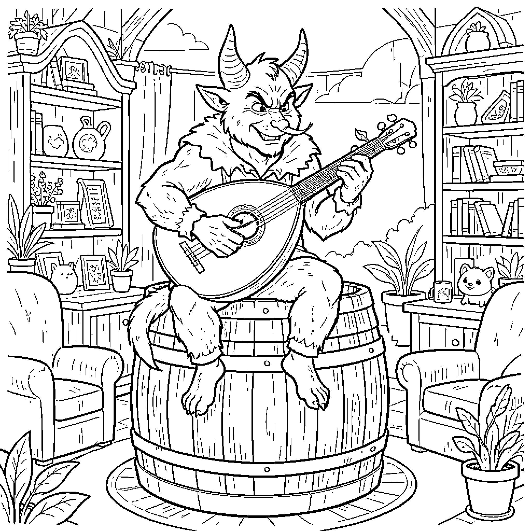 Devil character playing a lute while sitting on a barrel Coloring Page (free black-and-white line drawing printable PDF for all, from beginners to advanced learners, including children, teens, adults, and seniors)