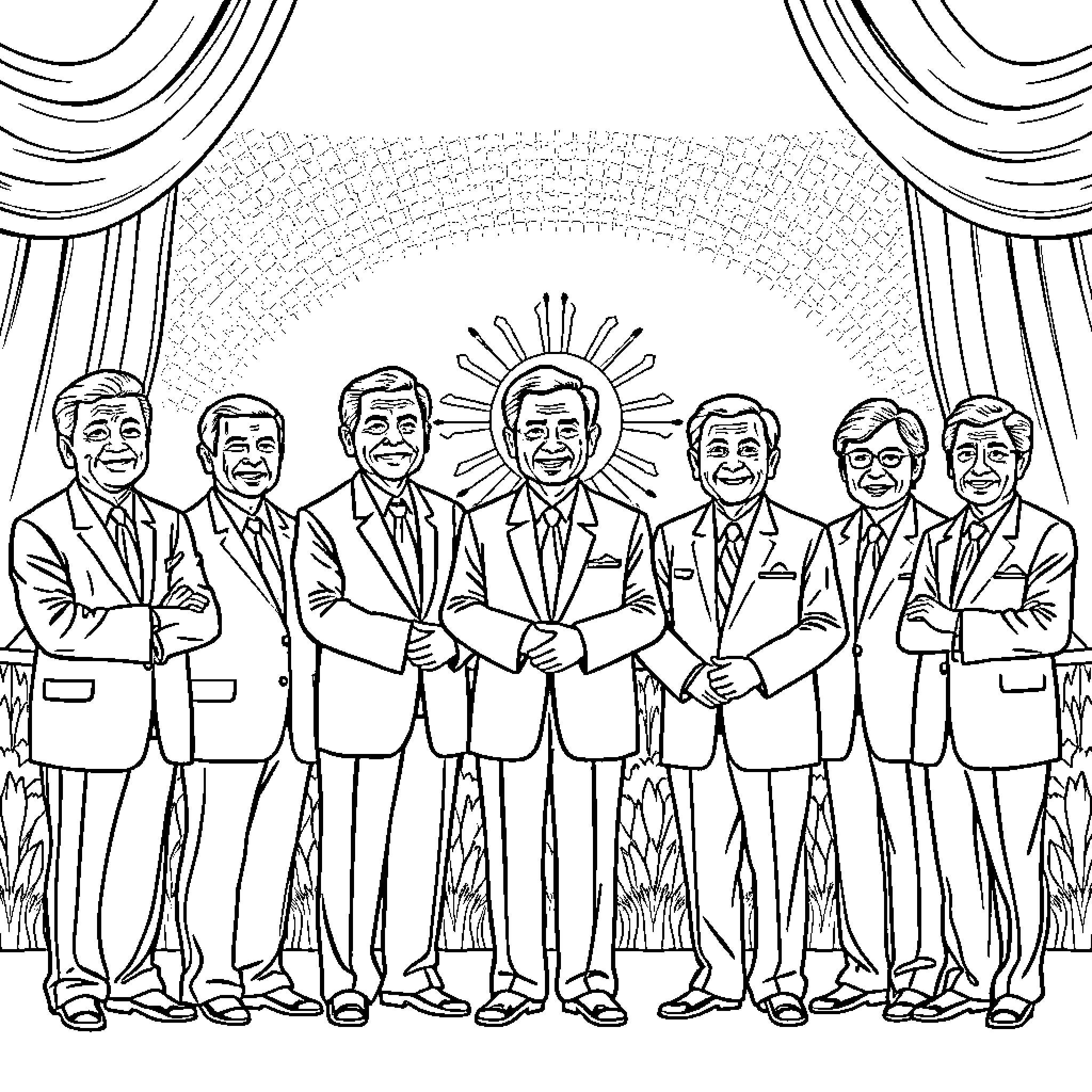 President and His Colleagues in Formal Attire Coloring Page (free black-and-white line drawing printable PDF for all, from beginners to advanced learners, including children, teens, adults, and seniors)