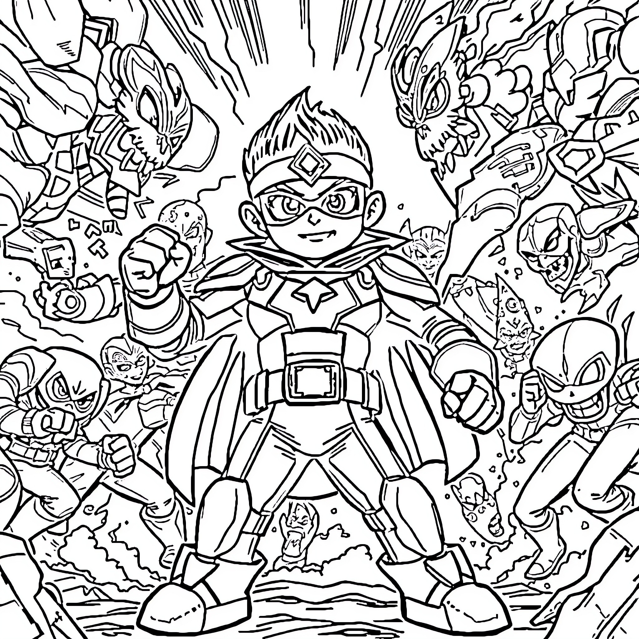Boboiboy in epic battle with alien creatures Coloring Page (free black-and-white line drawing printable PDF for all, from beginners to advanced learners, including children, teens, adults, and seniors)