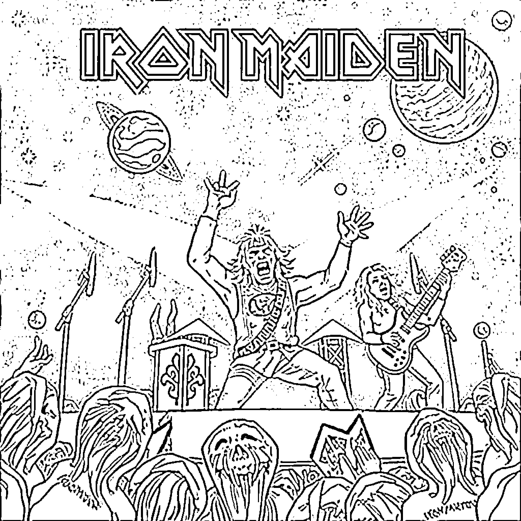Iron Maiden Space-themed Rock Band Performance Coloring Page (free black-and-white line drawing printable PDF for all, from beginners to advanced learners, including children, teens, adults, and seniors)