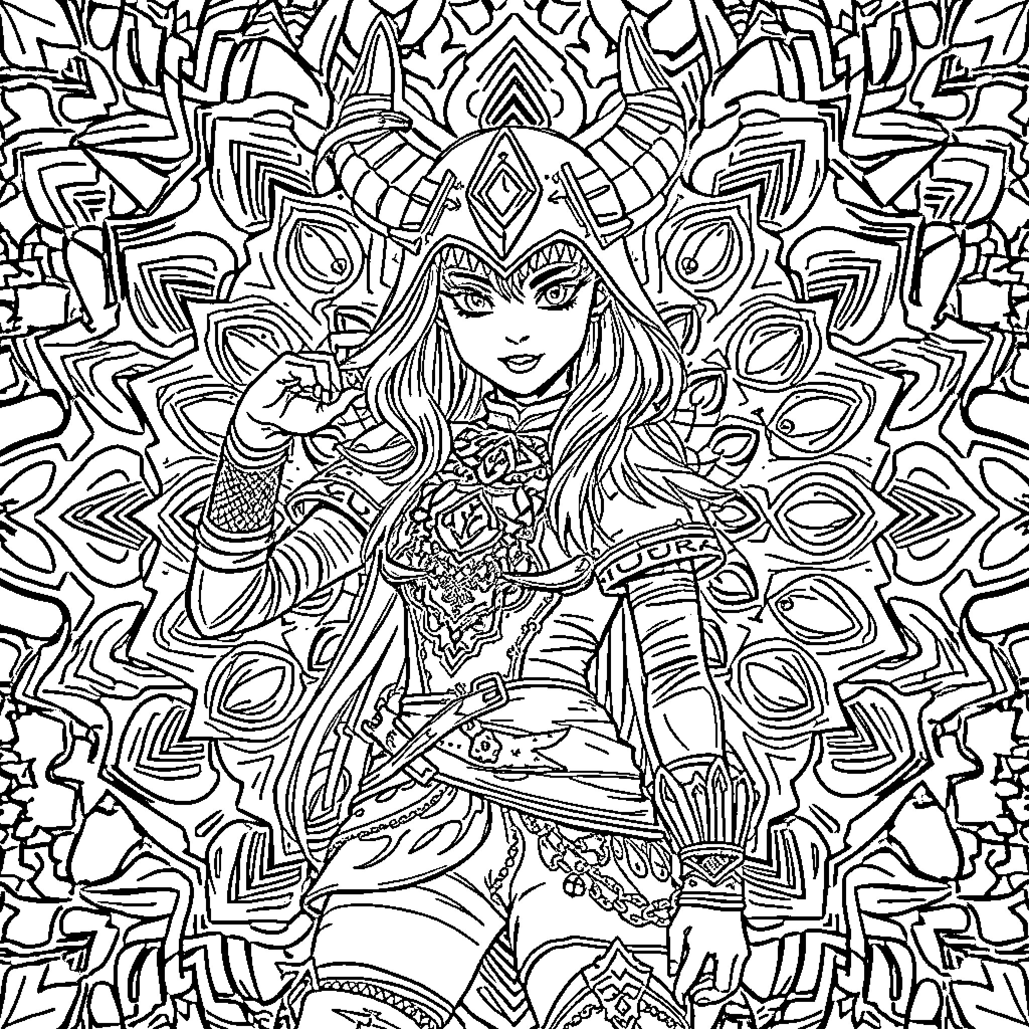 Zoey's Intricate Warrior Pose Coloring Page (free black-and-white line drawing printable PDF for all, from beginners to advanced learners, including children, teens, adults, and seniors)