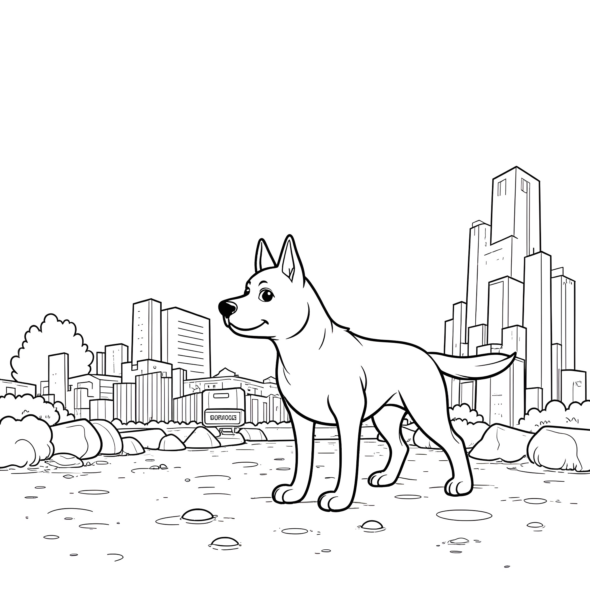 Dogmeat exploring the city skyline Coloring Page (free black-and-white line drawing printable PDF for all, from beginners to advanced learners, including children, teens, adults, and seniors)
