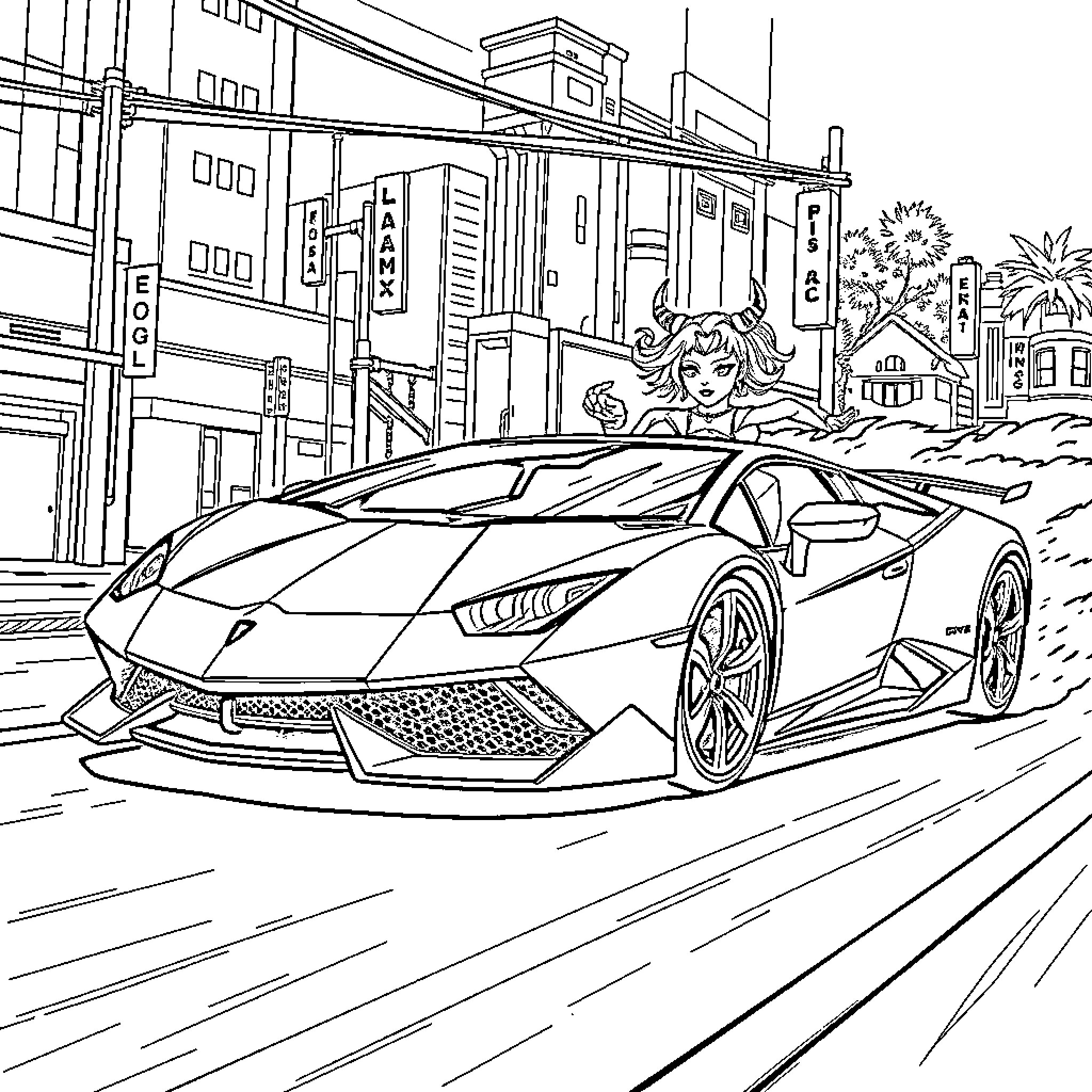 Huntrix Supercar Dashing Through City Streets Coloring Page (free black-and-white line drawing printable PDF for all, from beginners to advanced learners, including children, teens, adults, and seniors)