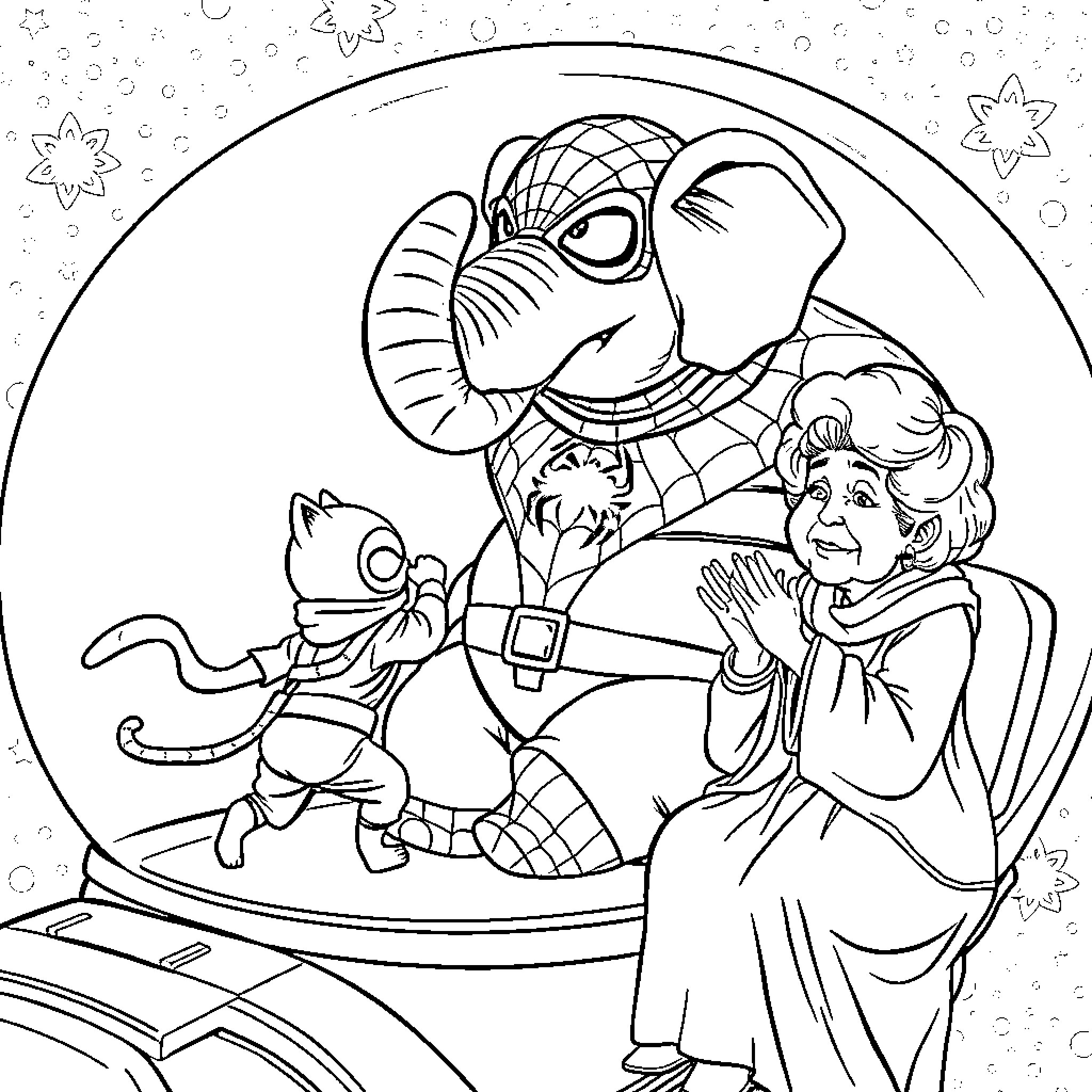 Ninja Cat Accompanies Space Explorer on Intergalactic Adventure Coloring Page (free black-and-white line drawing printable PDF for all, from beginners to advanced learners, including children, teens, adults, and seniors)