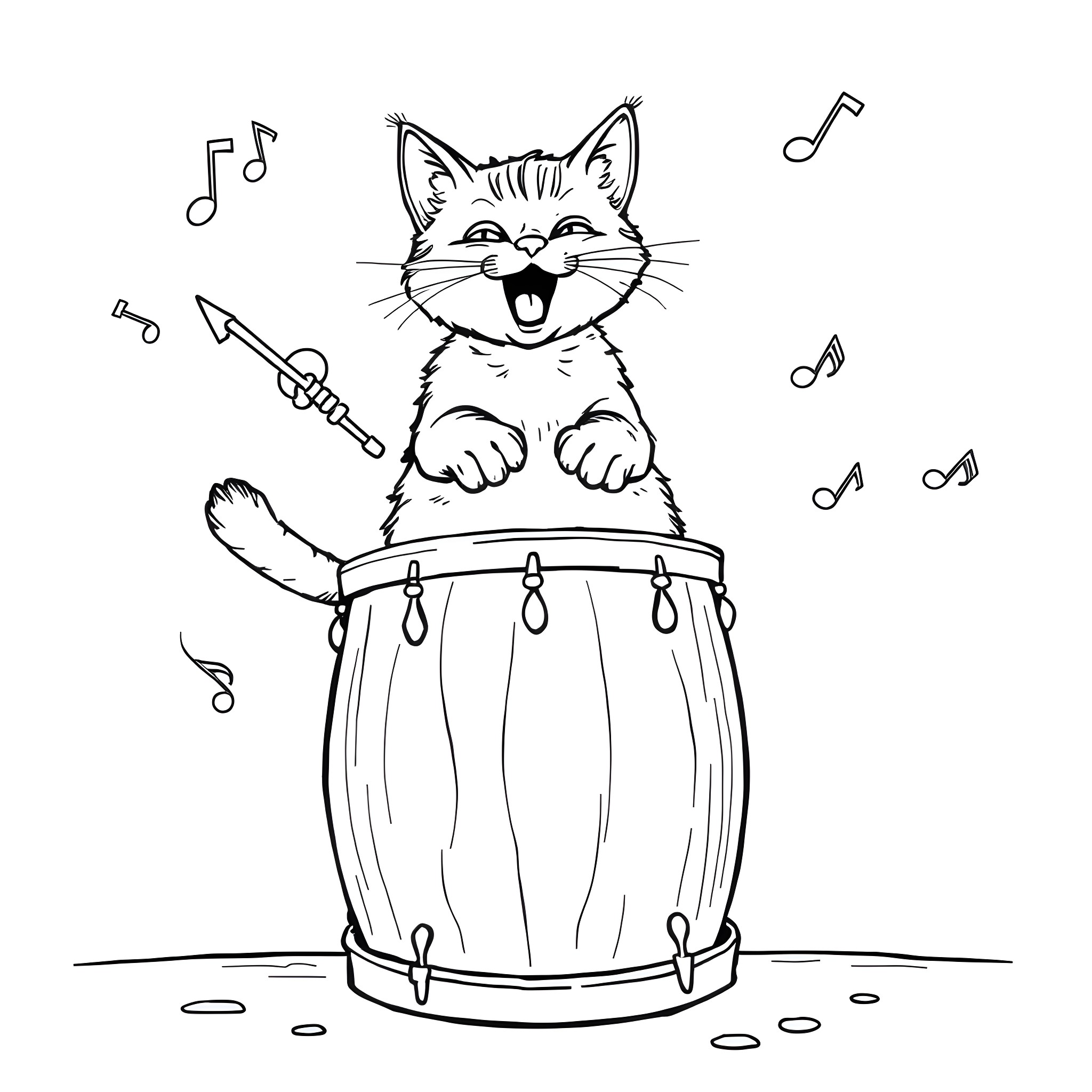 Cat playing music on a drum Coloring Page (free black-and-white line drawing printable PDF for all, from beginners to advanced learners, including children, teens, adults, and seniors)