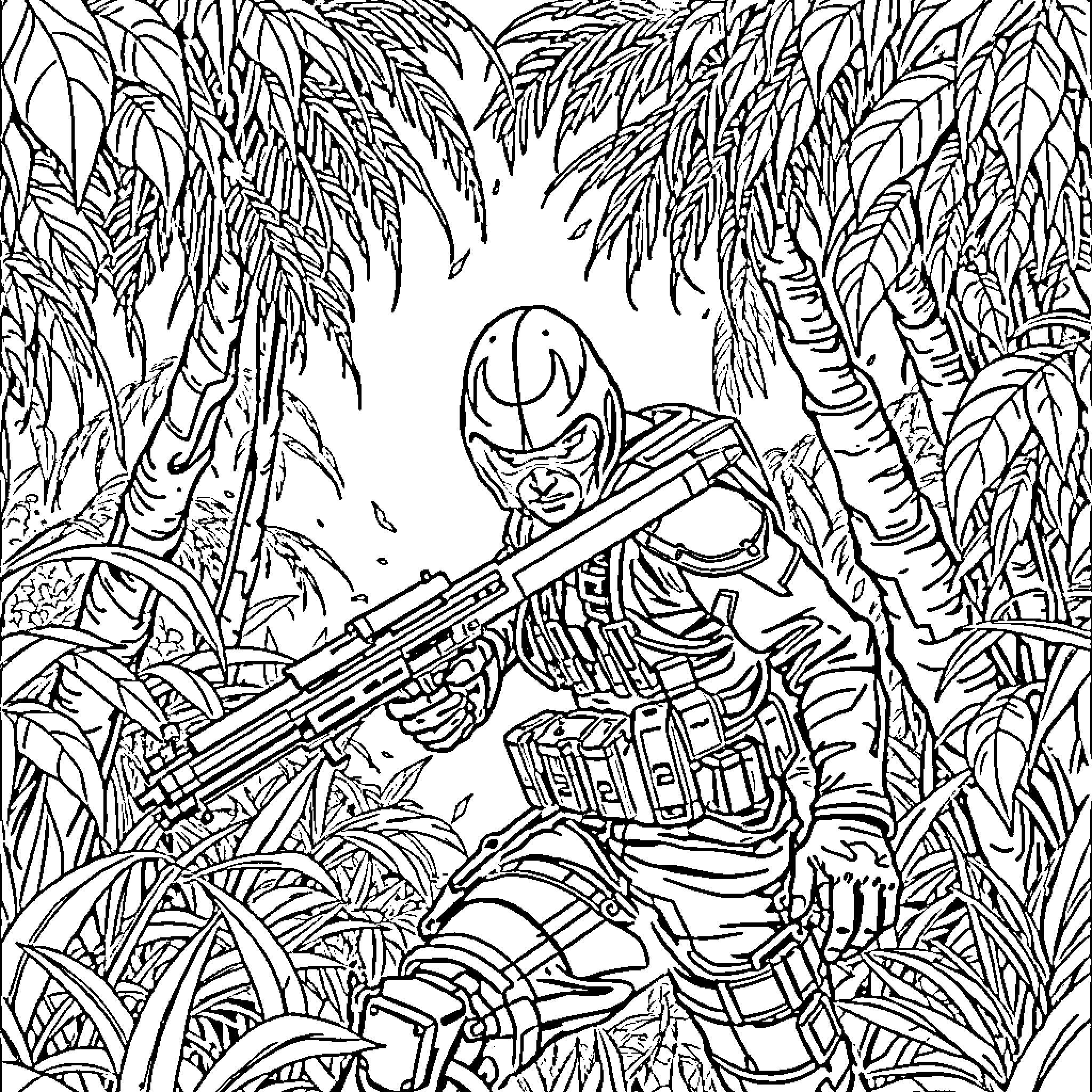 Snake-themed Soldier in Jungle Combat Gear Coloring Page (free black-and-white line drawing printable PDF for all, from beginners to advanced learners, including children, teens, adults, and seniors)