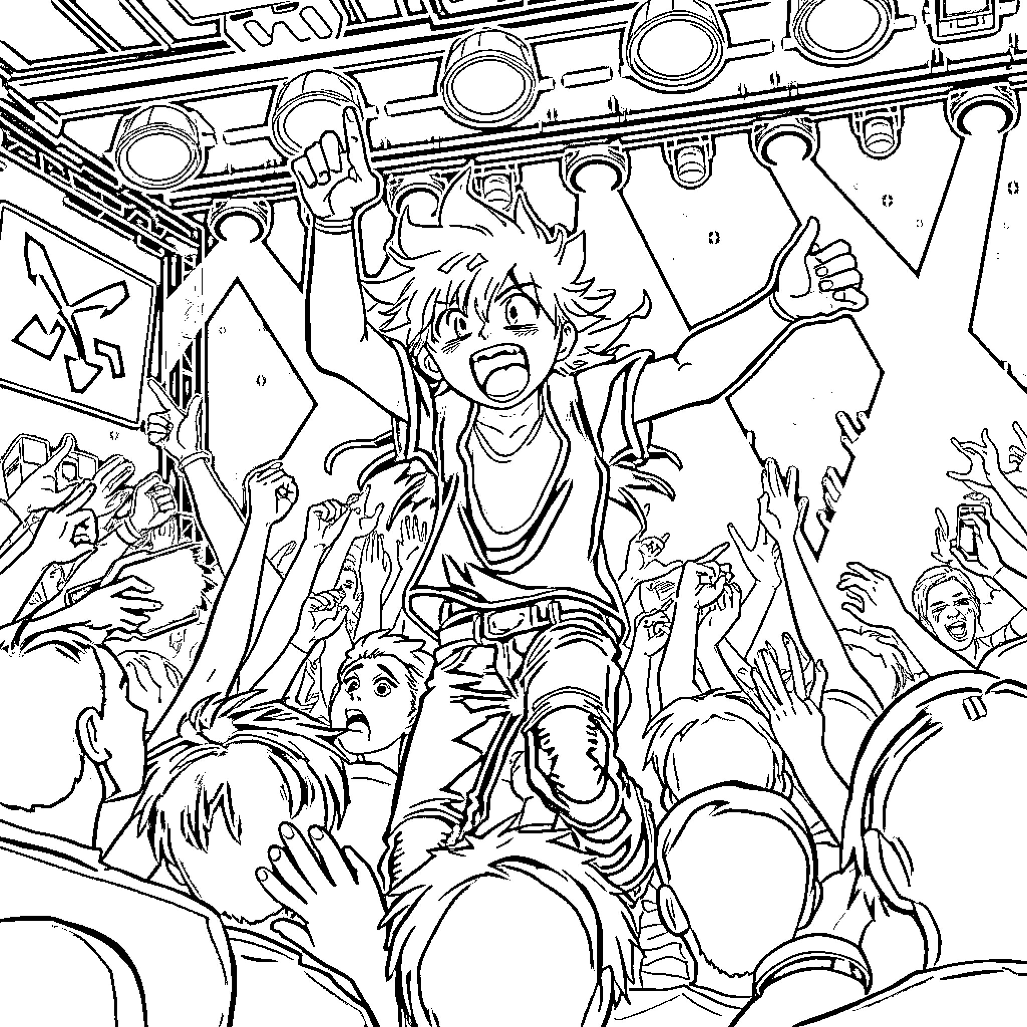 Frieren: Energetic concert performance with excited crowd Coloring Page (free black-and-white line drawing printable PDF for all, from beginners to advanced learners, including children, teens, adults, and seniors)