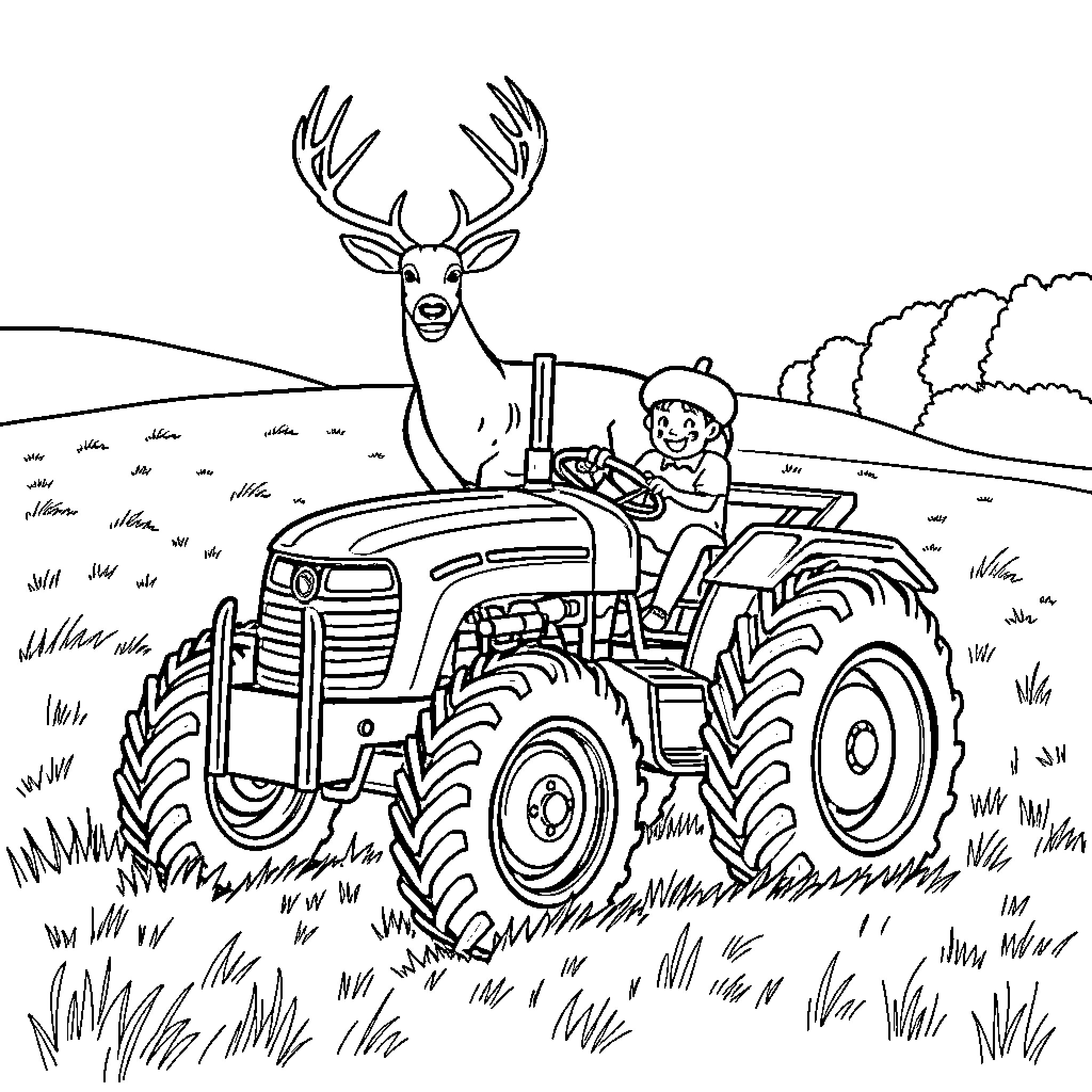 Tractor driver and deer in rural landscape Coloring Page (free black-and-white line drawing printable PDF for all, from beginners to advanced learners, including children, teens, adults, and seniors)