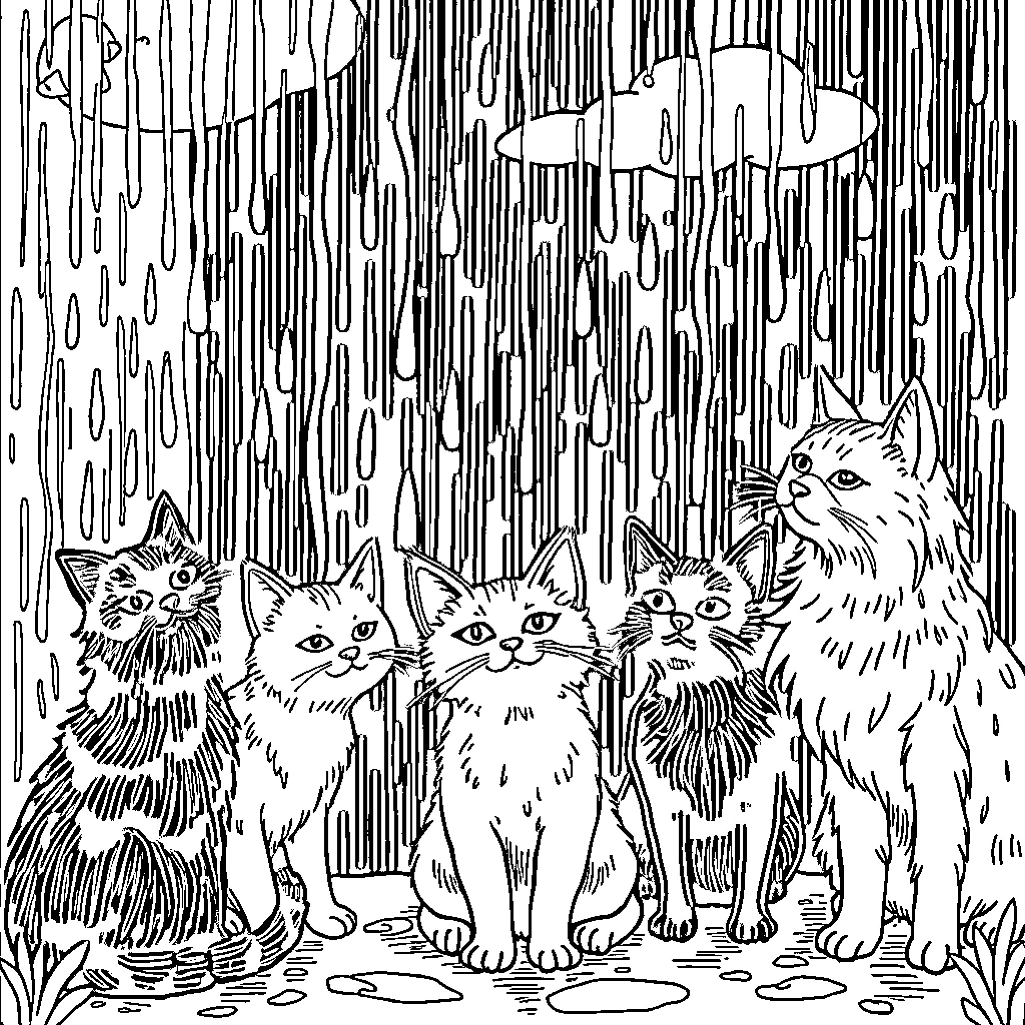 Cat family hiding under the rain Coloring Page (free black-and-white line drawing printable PDF for all, from beginners to advanced learners, including children, teens, adults, and seniors)