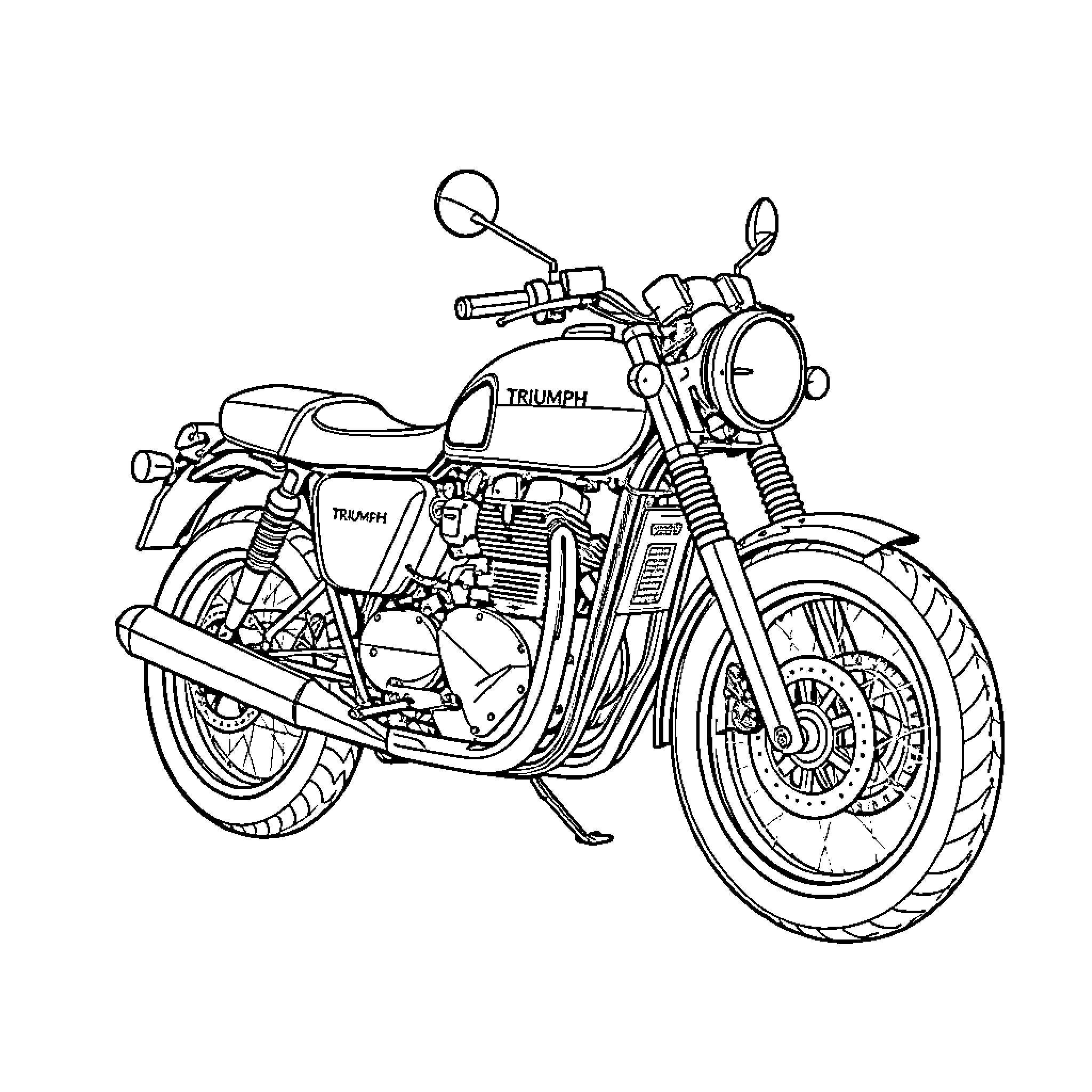 Triumph Bonneville motorcycle in detailed illustration Coloring Page (free black-and-white line drawing printable PDF for all, from beginners to advanced learners, including children, teens, adults, and seniors)