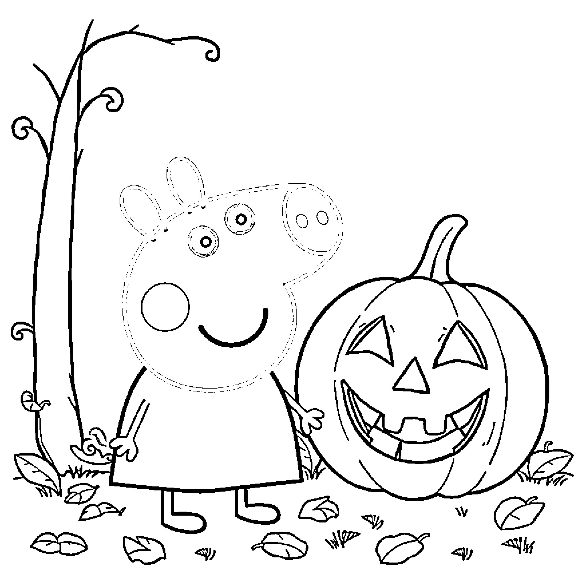 Peppa Pig celebrates Halloween with pumpkin Coloring Page (free black-and-white line drawing printable PDF for all, from beginners to advanced learners, including children, teens, adults, and seniors)
