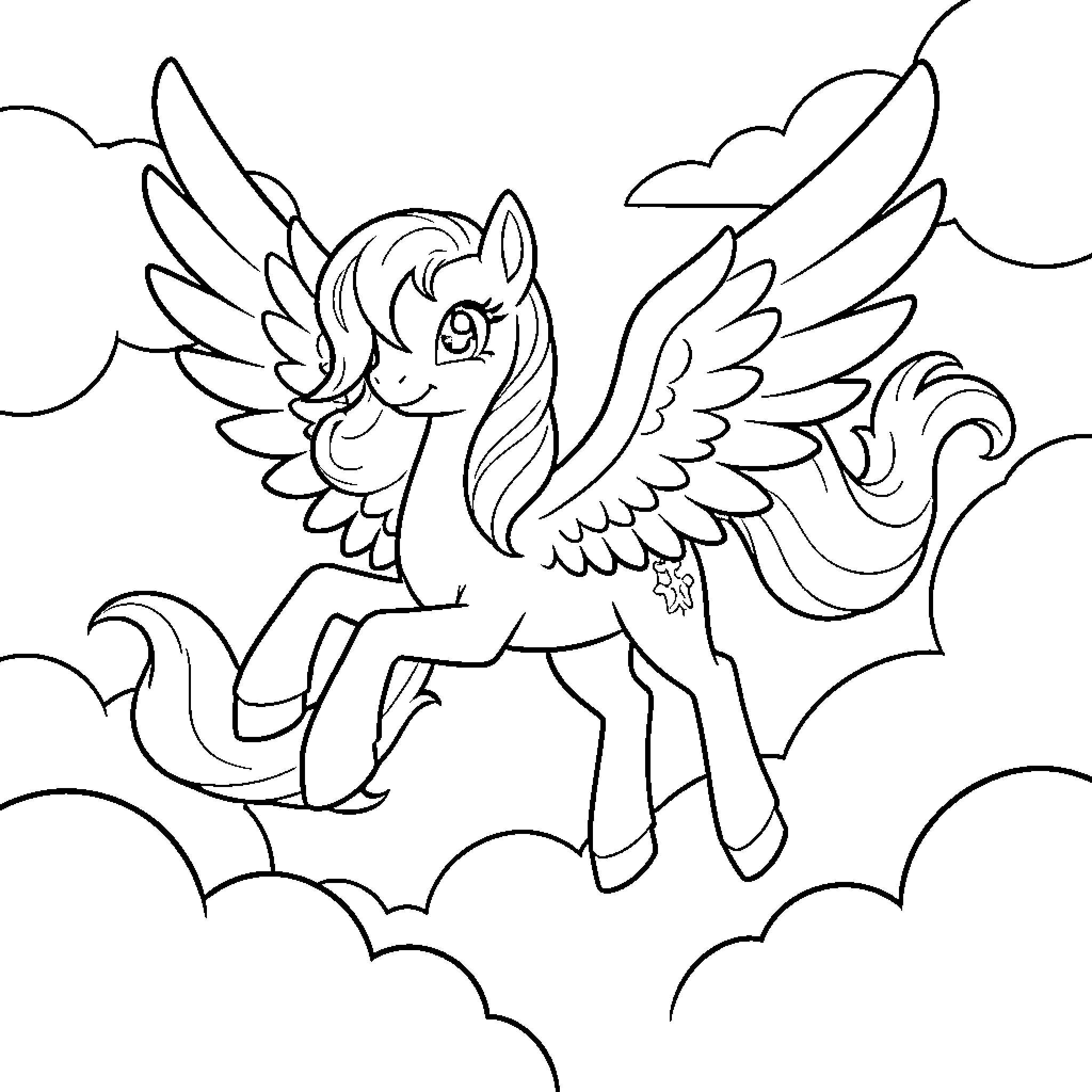 Princess Winged Creature in Whimsical Clouds Coloring Page (free black-and-white line drawing printable PDF for all, from beginners to advanced learners, including children, teens, adults, and seniors)