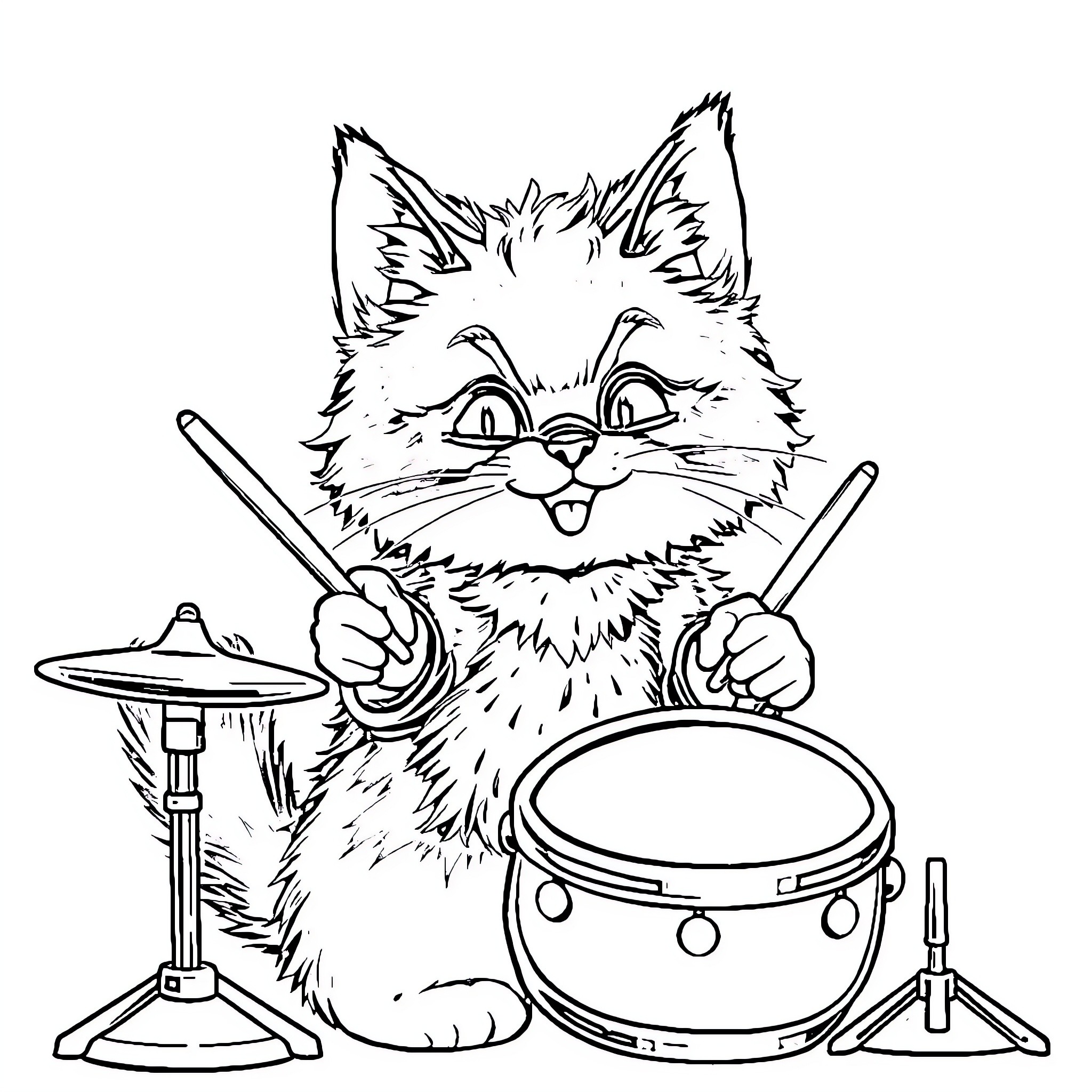 Cat playing music with drums and cymbals Coloring Page (free black-and-white line drawing printable PDF for all, from beginners to advanced learners, including children, teens, adults, and seniors)