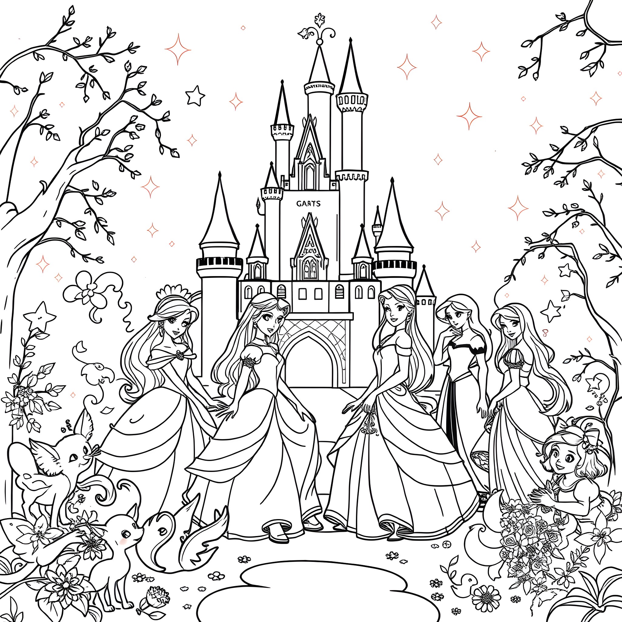 Disney Princess Enchanting Castle Adventure Coloring Page (free black-and-white line drawing printable PDF for all, from beginners to advanced learners, including children, teens, adults, and seniors)