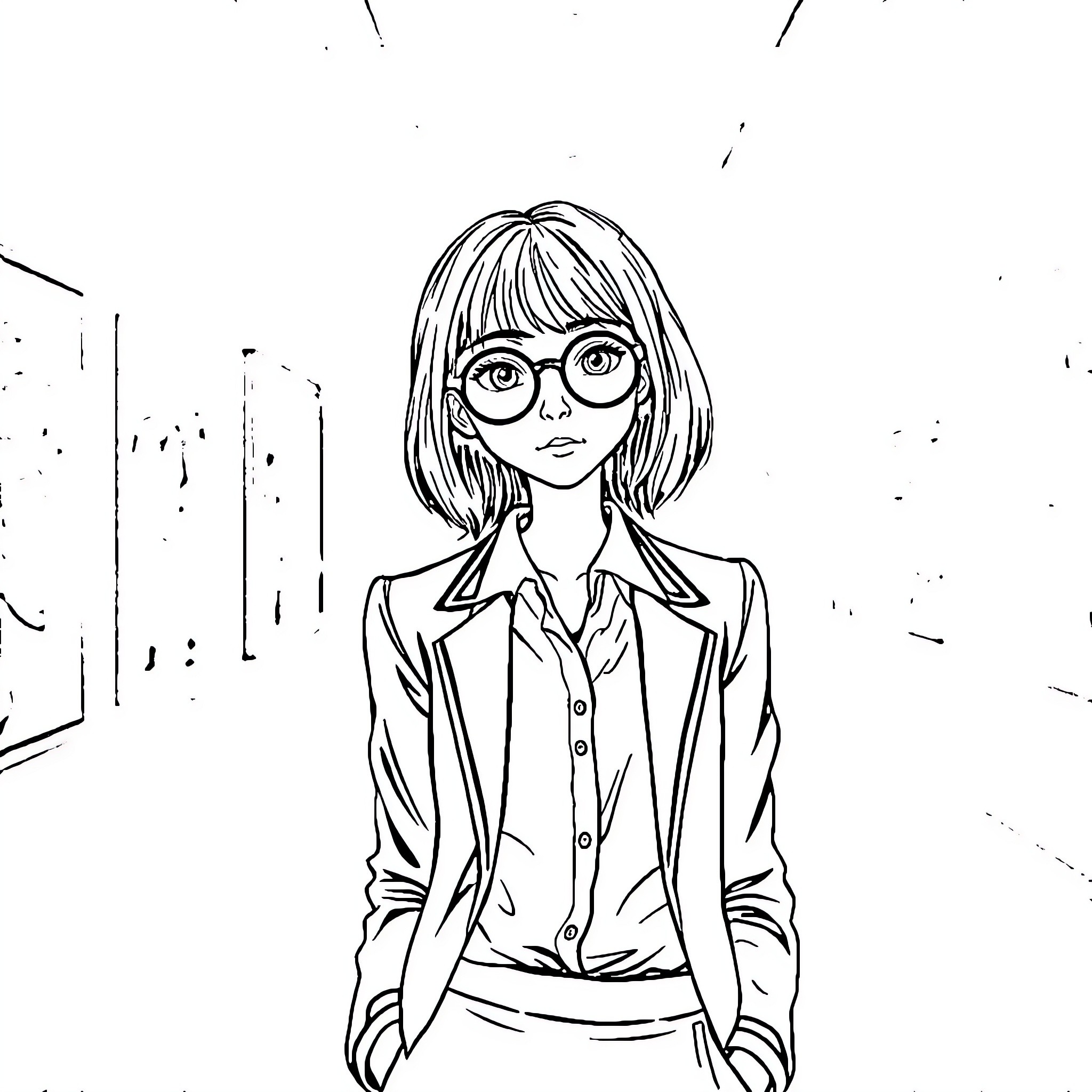 Girl in glasses with thoughtful expression Coloring Page (free black-and-white line drawing printable PDF for all, from beginners to advanced learners, including children, teens, adults, and seniors)