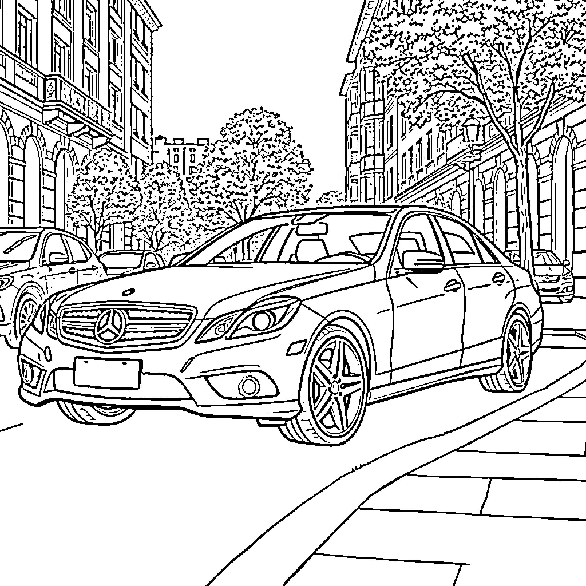 Mercedes luxury sedan on city street Coloring Page (free black-and-white line drawing printable PDF for all, from beginners to advanced learners, including children, teens, adults, and seniors)