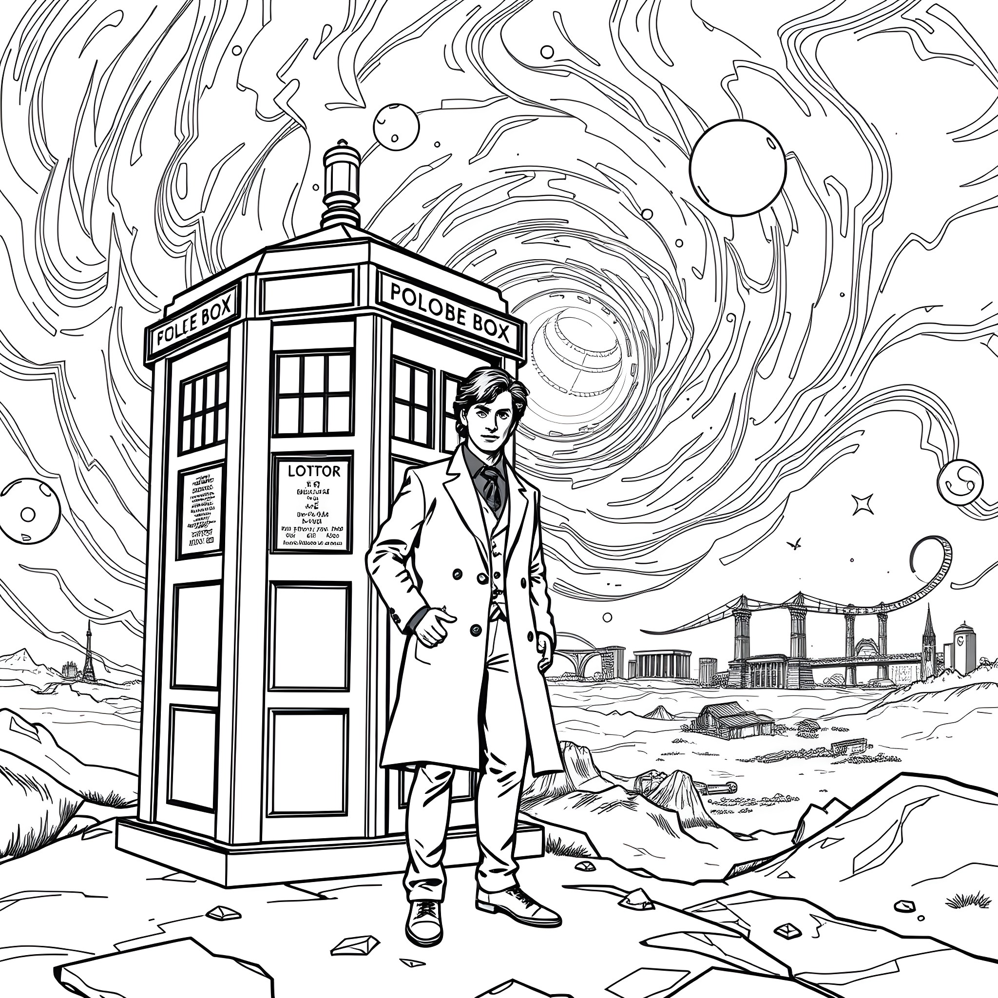 Doctor Who in Mysterious Sci-Fi Landscape Coloring Page (free black-and-white line drawing printable PDF for all, from beginners to advanced learners, including children, teens, adults, and seniors)