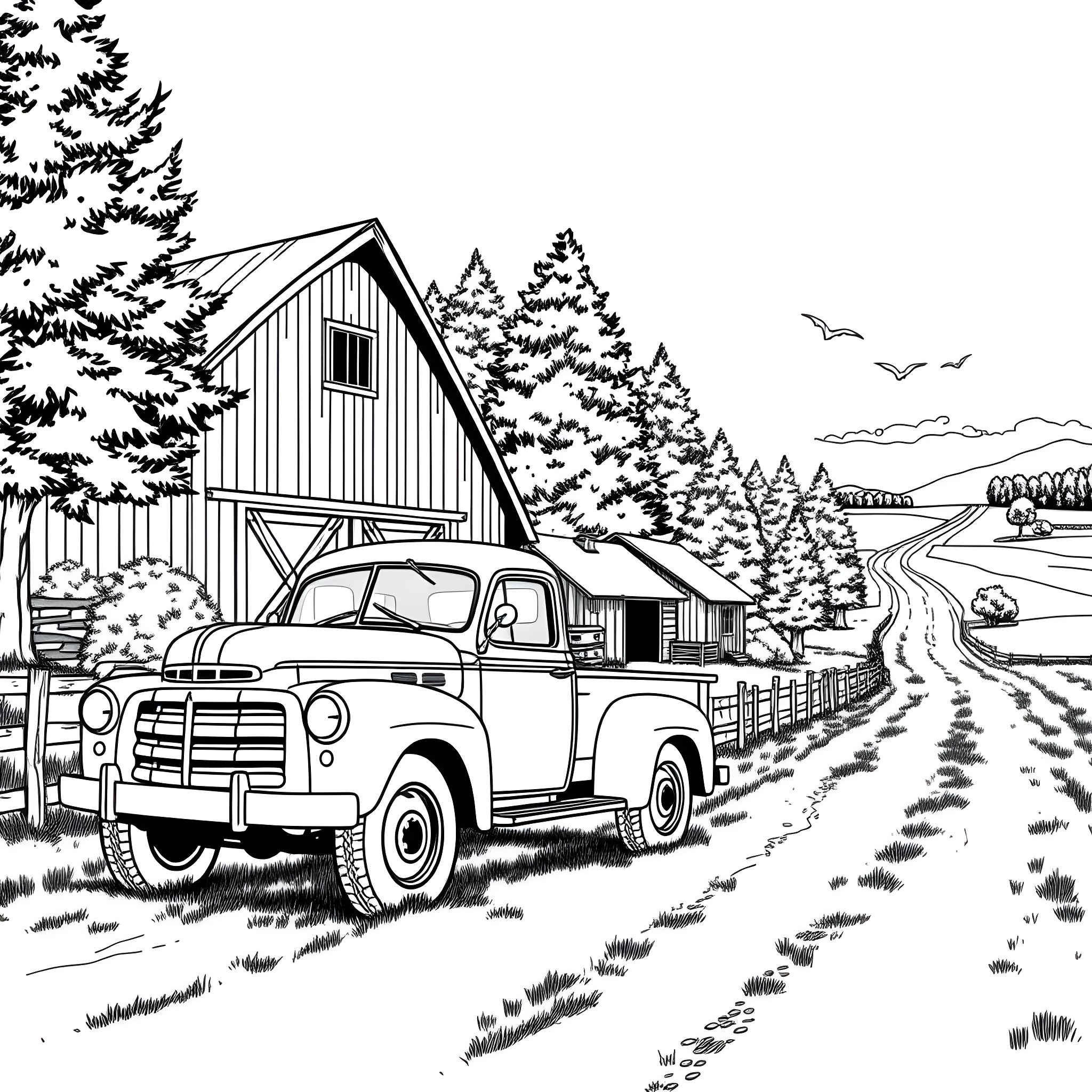 Truck parked by a rustic barn in a countryside landscape Coloring Page (free black-and-white line drawing printable PDF for all, from beginners to advanced learners, including children, teens, adults, and seniors)