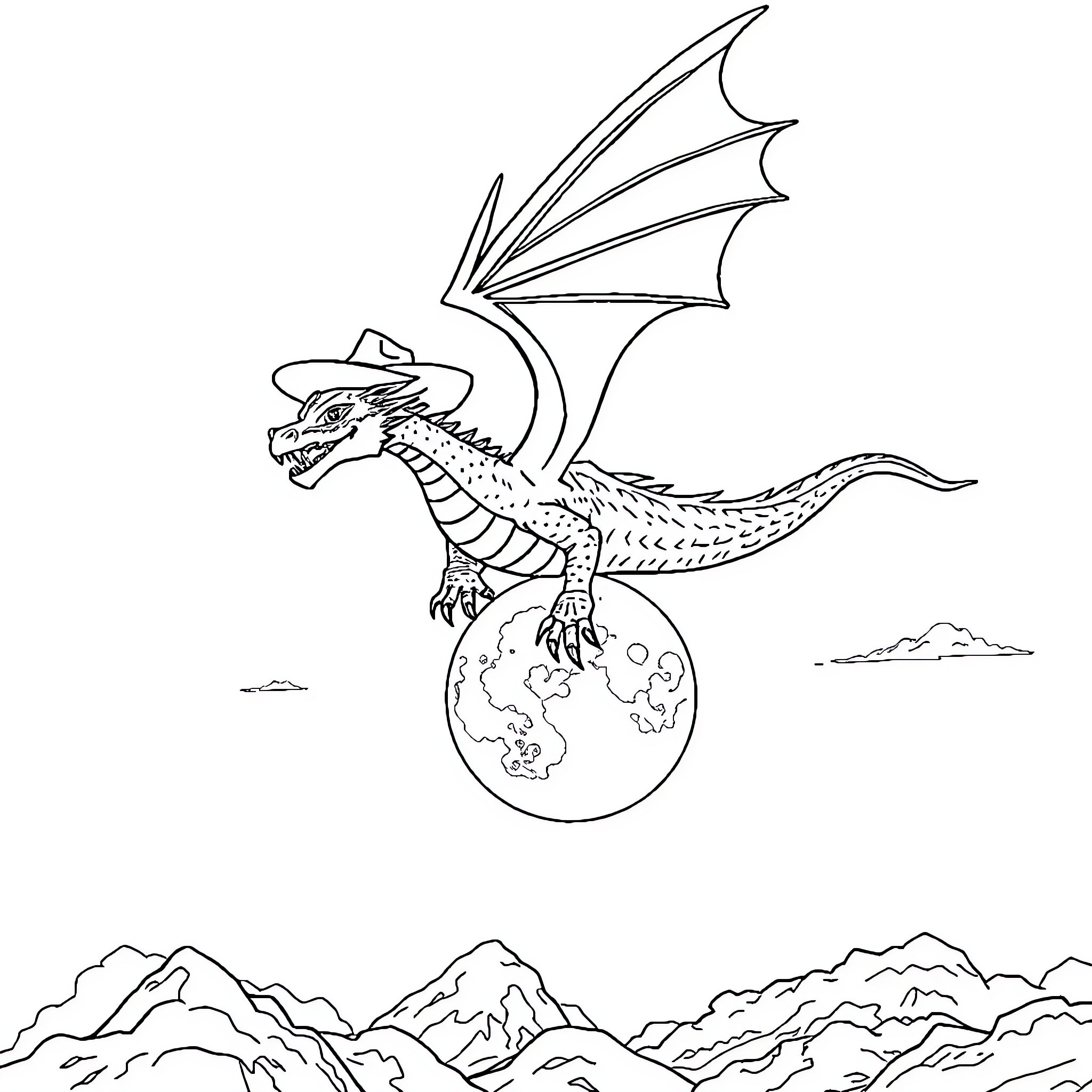 Dragon Soaring Over Mountainous Landscape Coloring Page (free black-and-white line drawing printable PDF for all, from beginners to advanced learners, including children, teens, adults, and seniors)
