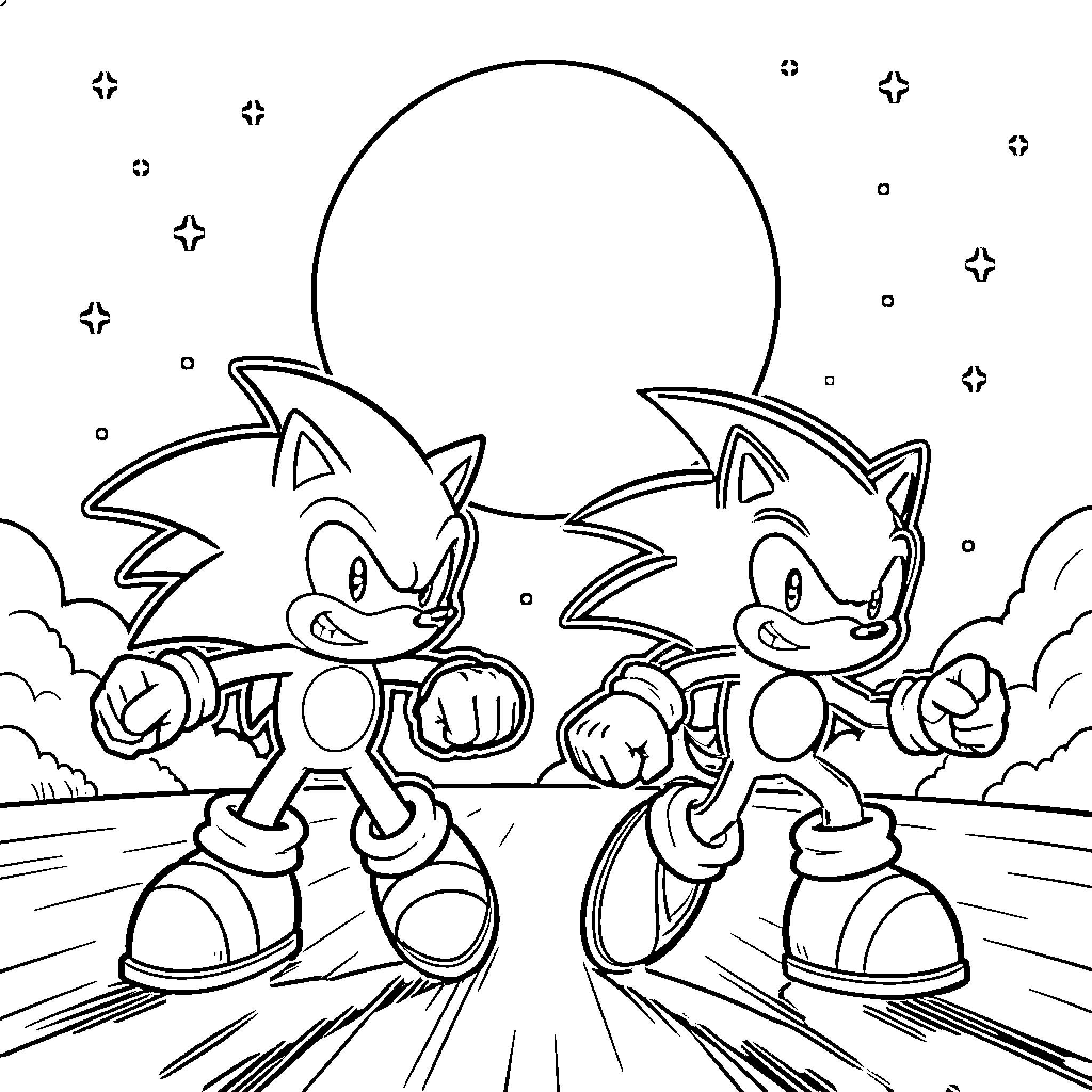 Sonic characters racing in the moonlight Coloring Page (free black-and-white line drawing printable PDF for all, from beginners to advanced learners, including children, teens, adults, and seniors)