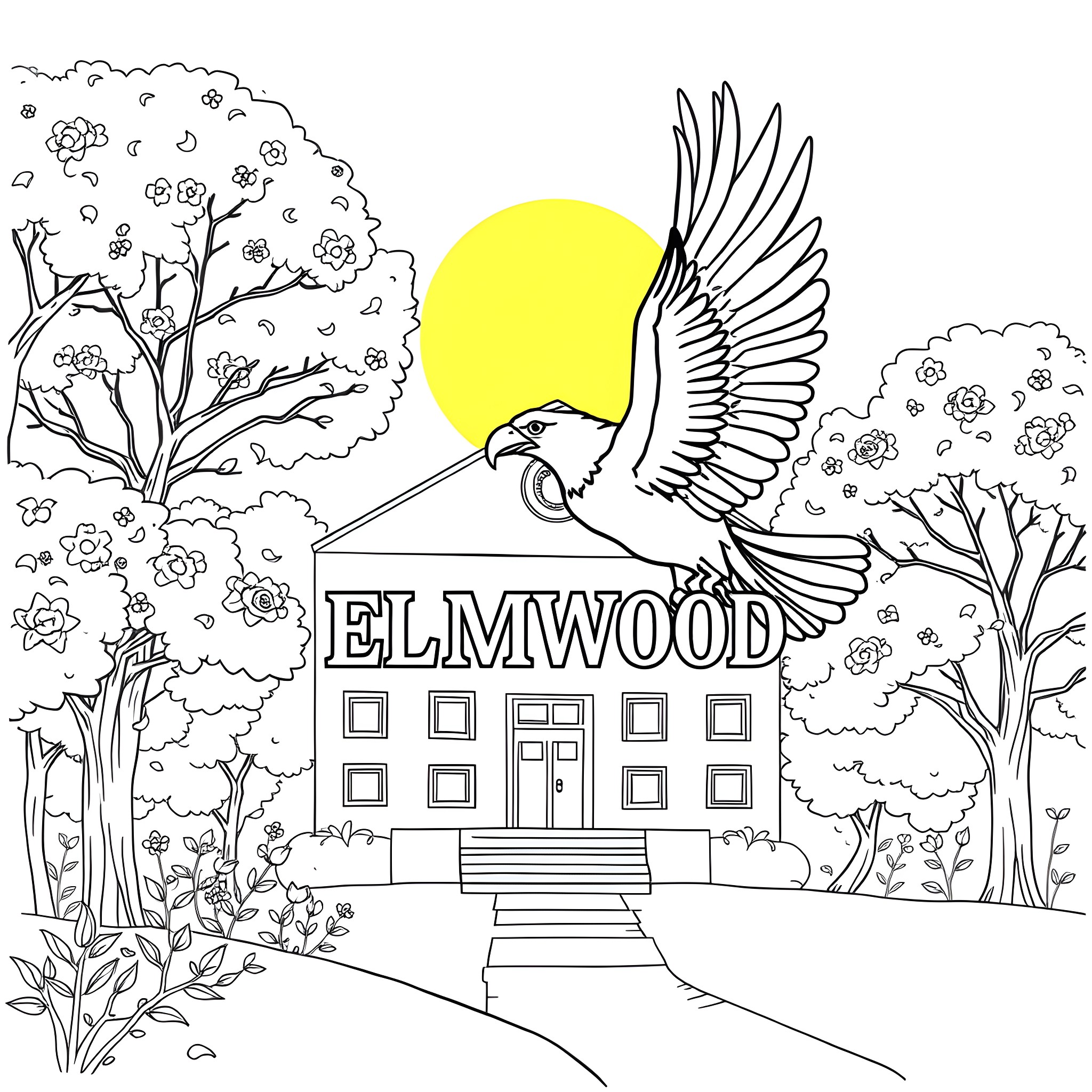Eagle soaring over Elmwood's scenic landscape Coloring Page (free black-and-white line drawing printable PDF for all, from beginners to advanced learners, including children, teens, adults, and seniors)