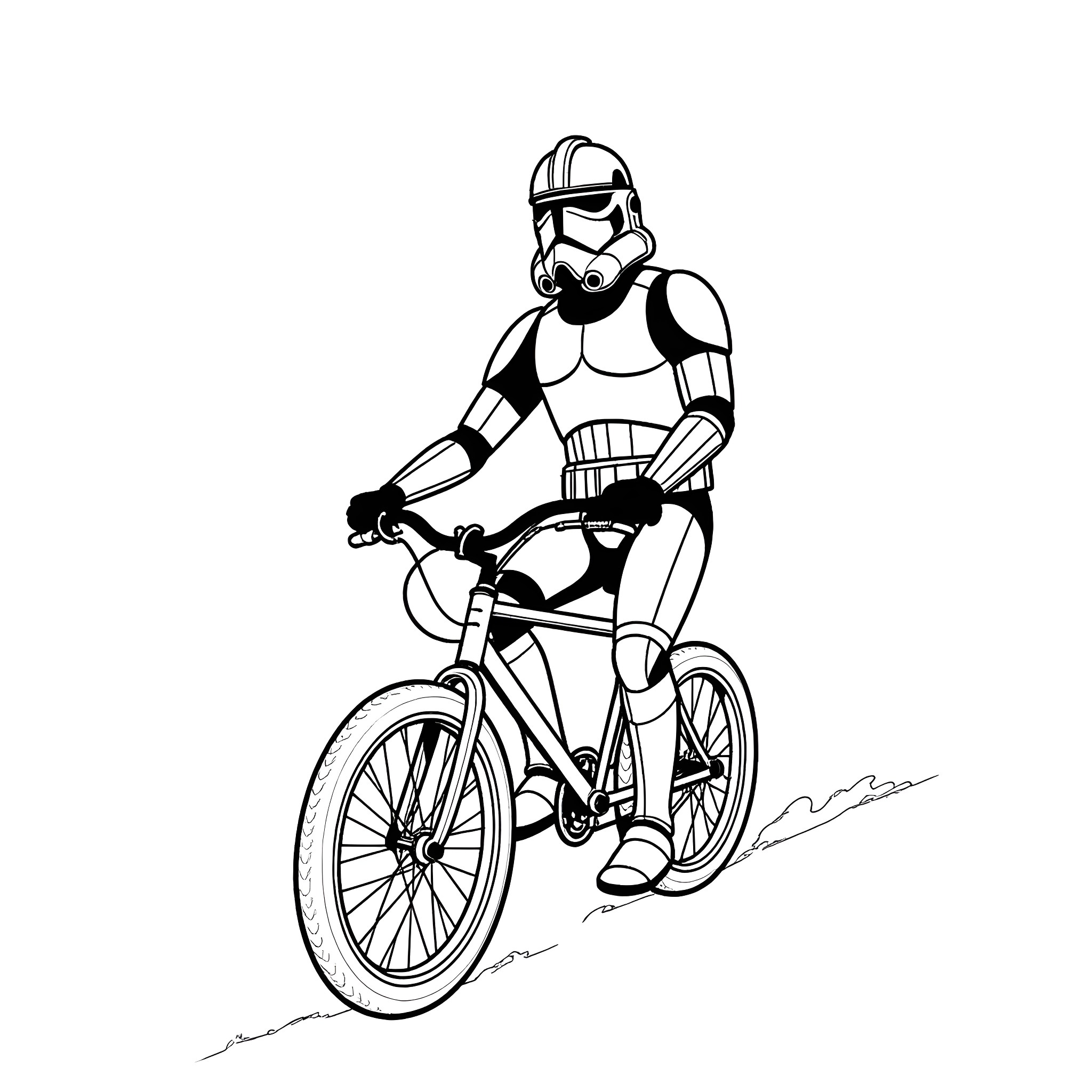 Clone Trooper riding bicycle Coloring Page (free black-and-white line drawing printable PDF for all, from beginners to advanced learners, including children, teens, adults, and seniors)
