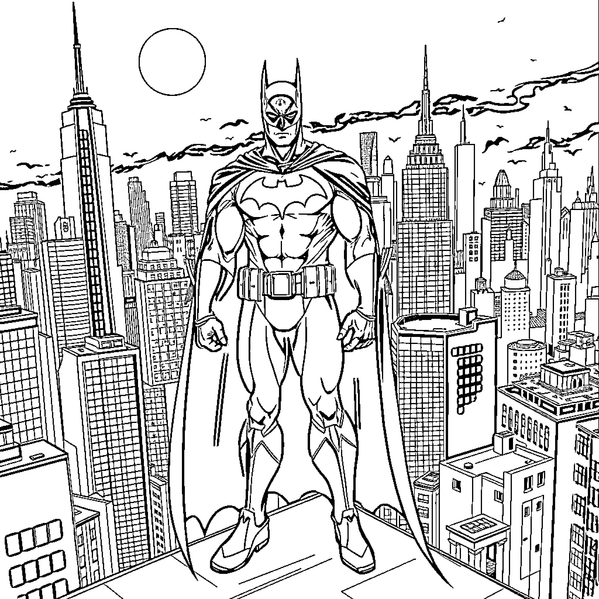 Batman standing tall over the city skyline Coloring Page (free black-and-white line drawing printable PDF for all, from beginners to advanced learners, including children, teens, adults, and seniors)