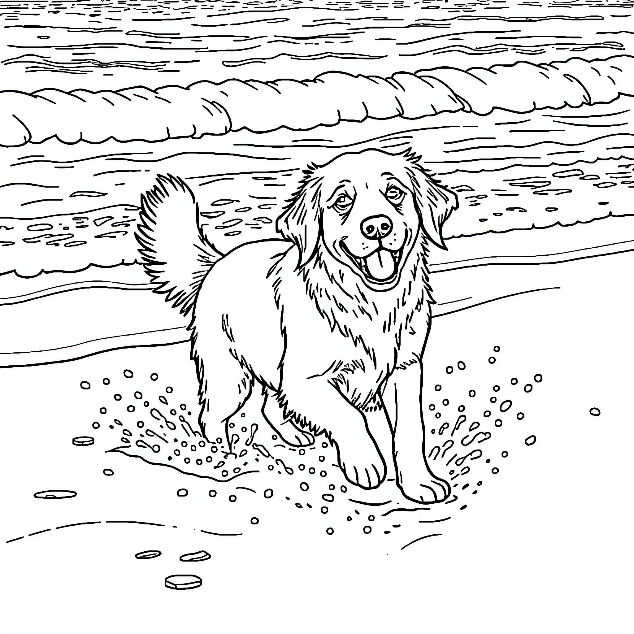 Golden Retriever playing happily on the beach Coloring Page (free black-and-white line drawing printable PDF for all, from beginners to advanced learners, including children, teens, adults, and seniors)