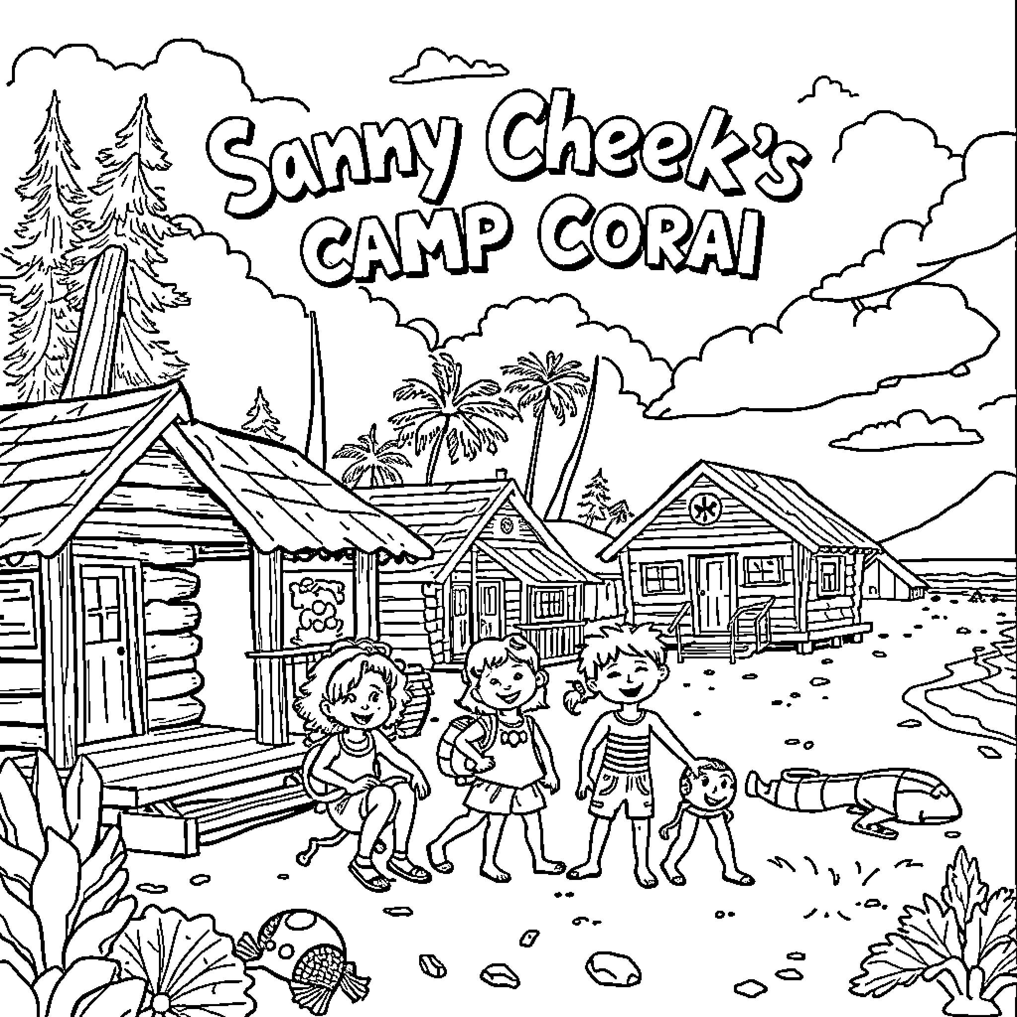 Sandy Cheeks' Summer Adventure at Camp Coral Coloring Page (free black-and-white line drawing printable PDF for all, from beginners to advanced learners, including children, teens, adults, and seniors)