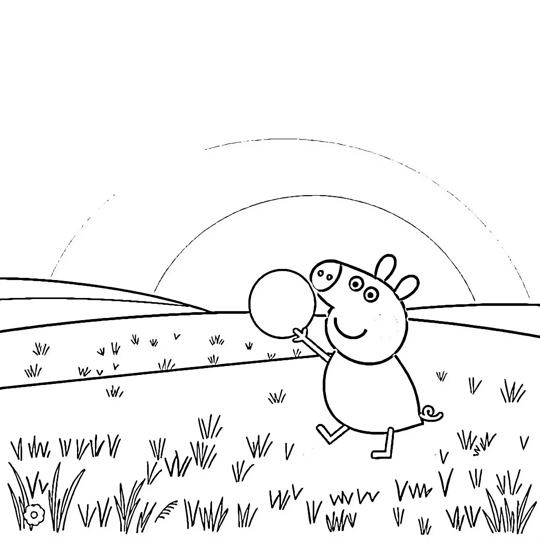 Peppa Pig enjoying the outdoors in a grassy field Coloring Page (free black-and-white line drawing printable PDF for all, from beginners to advanced learners, including children, teens, adults, and seniors)
