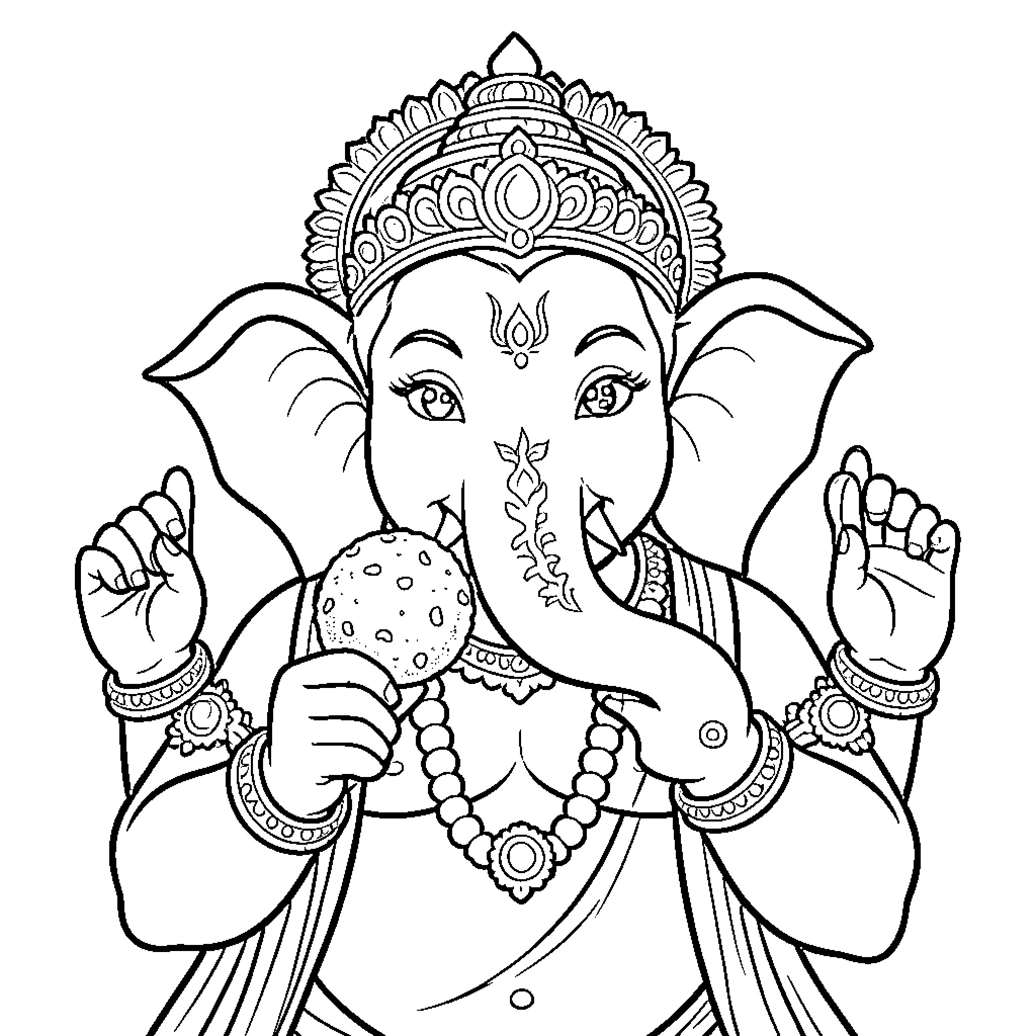 Ganesha holding a sweet treat and wearing ornate jewelry Coloring Page (free black-and-white line drawing printable PDF for all, from beginners to advanced learners, including children, teens, adults, and seniors)