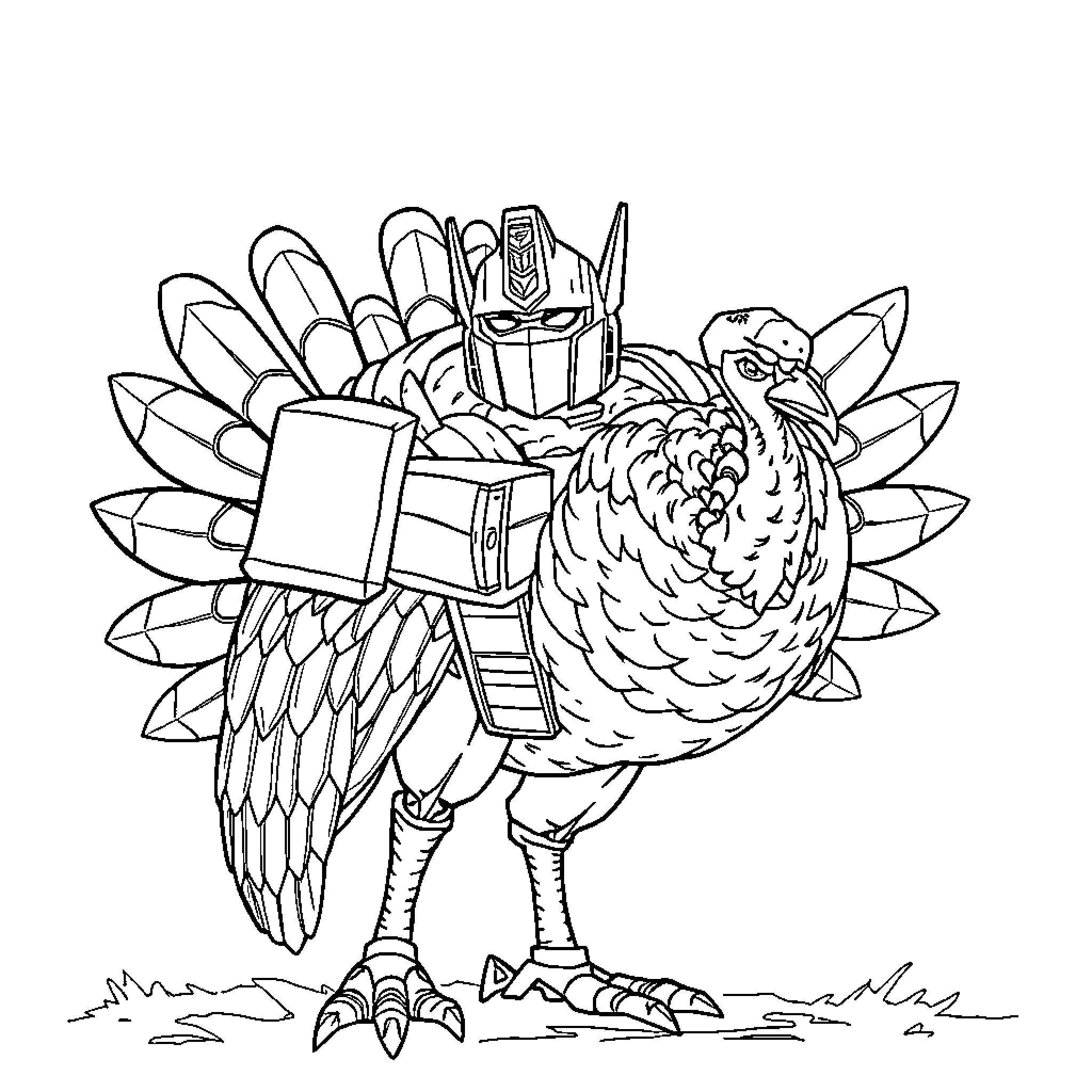 Optimus Prime Turkey Robot in Nature Coloring Page (free black-and-white line drawing printable PDF for all, from beginners to advanced learners, including children, teens, adults, and seniors)