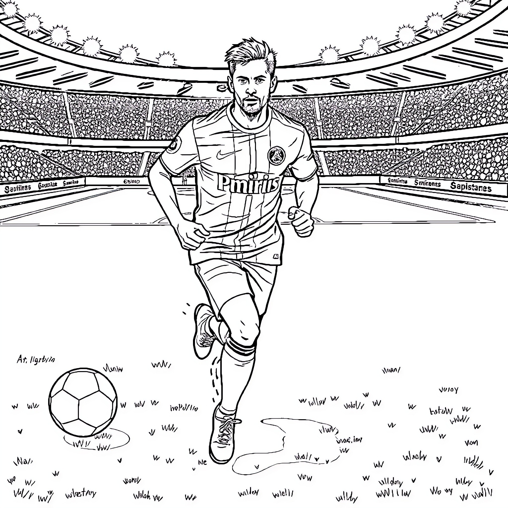 Footballer running victoriously on the field Coloring Page (free black-and-white line drawing printable PDF for all, from beginners to advanced learners, including children, teens, adults, and seniors)