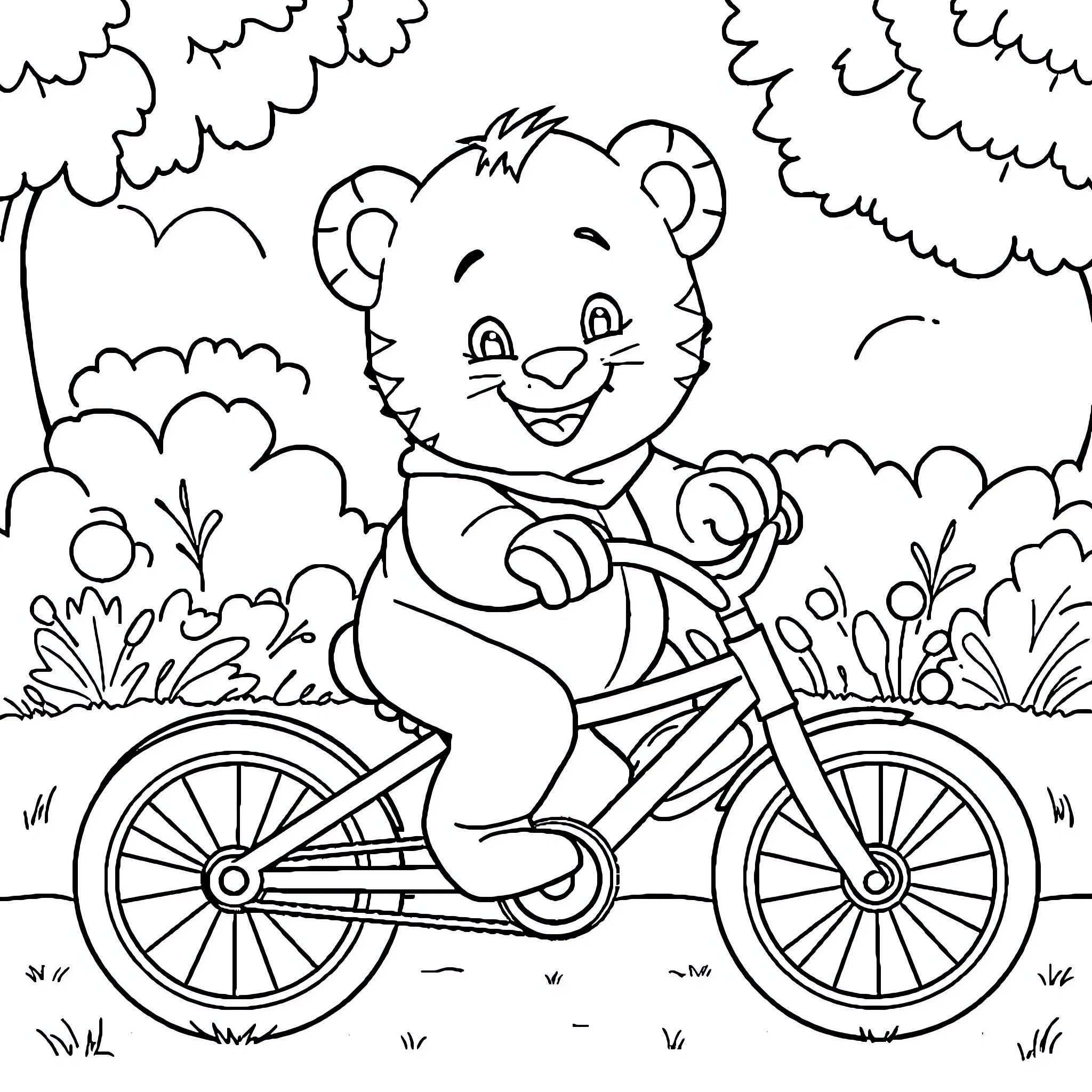 Daniel Tiger Happily Riding a Bicycle in the Park Coloring Page (free black-and-white line drawing printable PDF for all, from beginners to advanced learners, including children, teens, adults, and seniors)