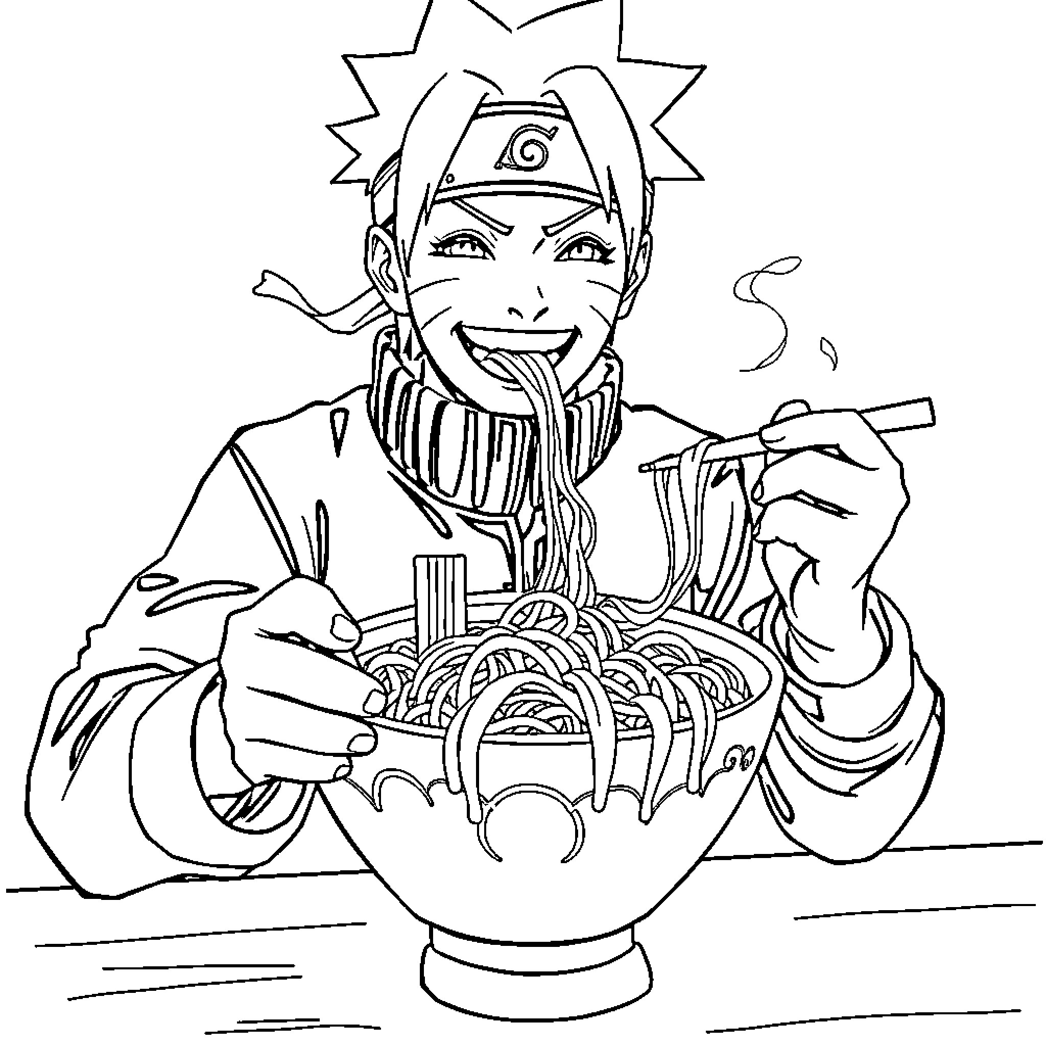 Naruto enjoying a bowl of ramen noodles Coloring Page (free black-and-white line drawing printable PDF for all, from beginners to advanced learners, including children, teens, adults, and seniors)