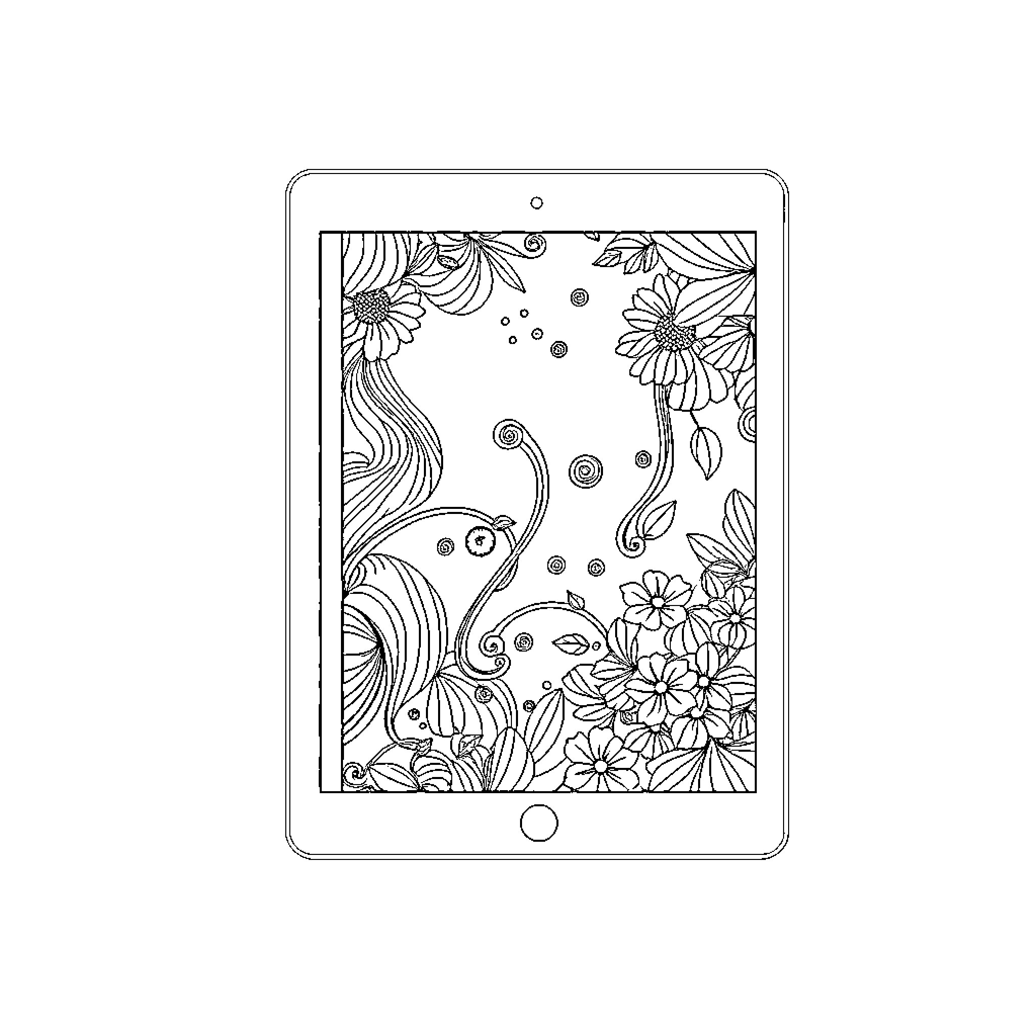 Ebook with floral pattern on tablet device Coloring Page (free black-and-white line drawing printable PDF for all, from beginners to advanced learners, including children, teens, adults, and seniors)