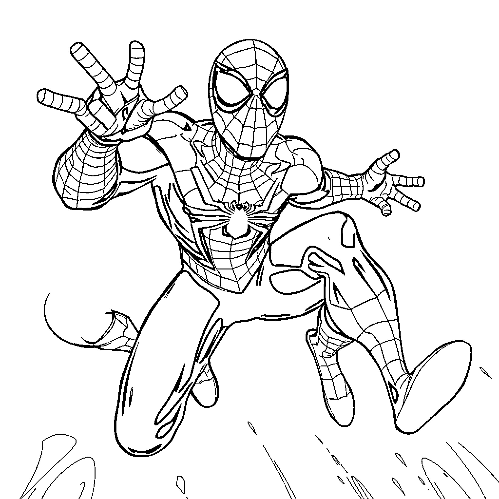 Spiderman swinging into action with webbed powers Coloring Page (free black-and-white line drawing printable PDF for all, from beginners to advanced learners, including children, teens, adults, and seniors)