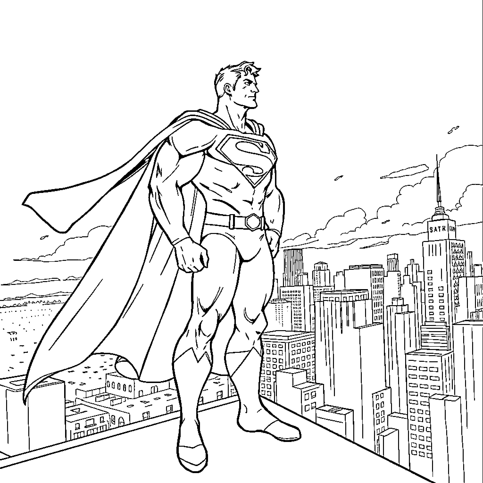 Superman surveying the city from a high vantage point Coloring Page (free black-and-white line drawing printable PDF for all, from beginners to advanced learners, including children, teens, adults, and seniors)