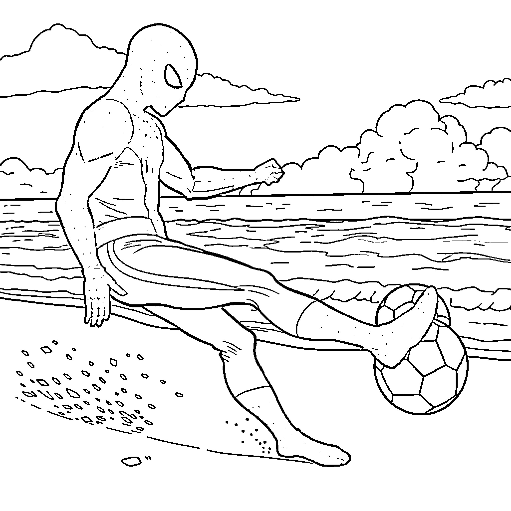 Spiderman playing on the beach with a soccer ball Coloring Page (free black-and-white line drawing printable PDF for all, from beginners to advanced learners, including children, teens, adults, and seniors)
