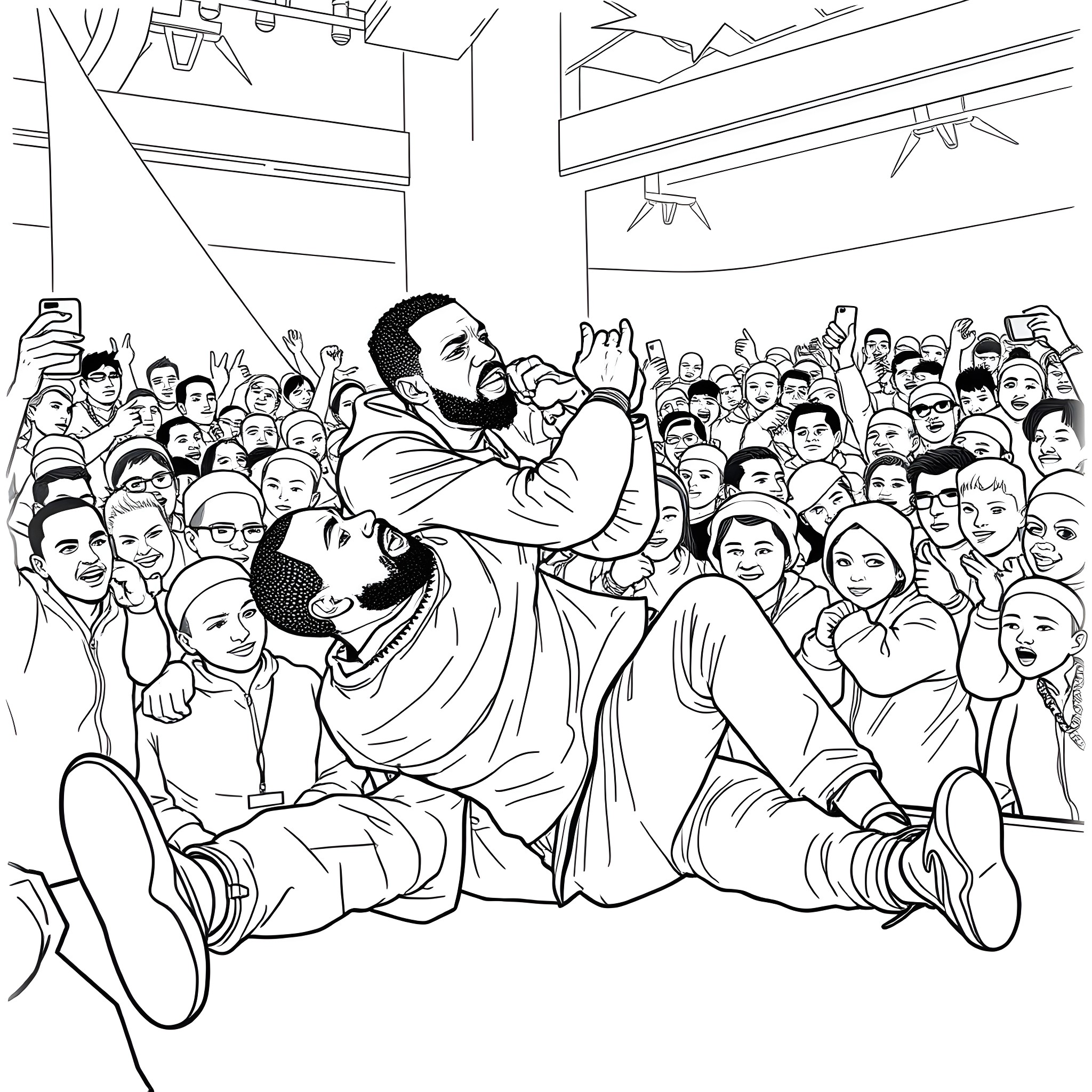 Kendrick Lamar entertaining a crowd on stage Coloring Page (free black-and-white line drawing printable PDF for all, from beginners to advanced learners, including children, teens, adults, and seniors)