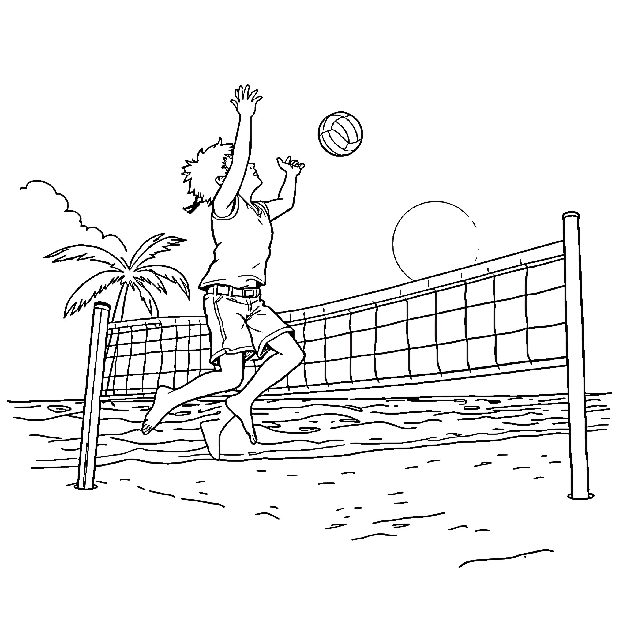 Lee playing beach volleyball by the palm tree Coloring Page (free black-and-white line drawing printable PDF for all, from beginners to advanced learners, including children, teens, adults, and seniors)